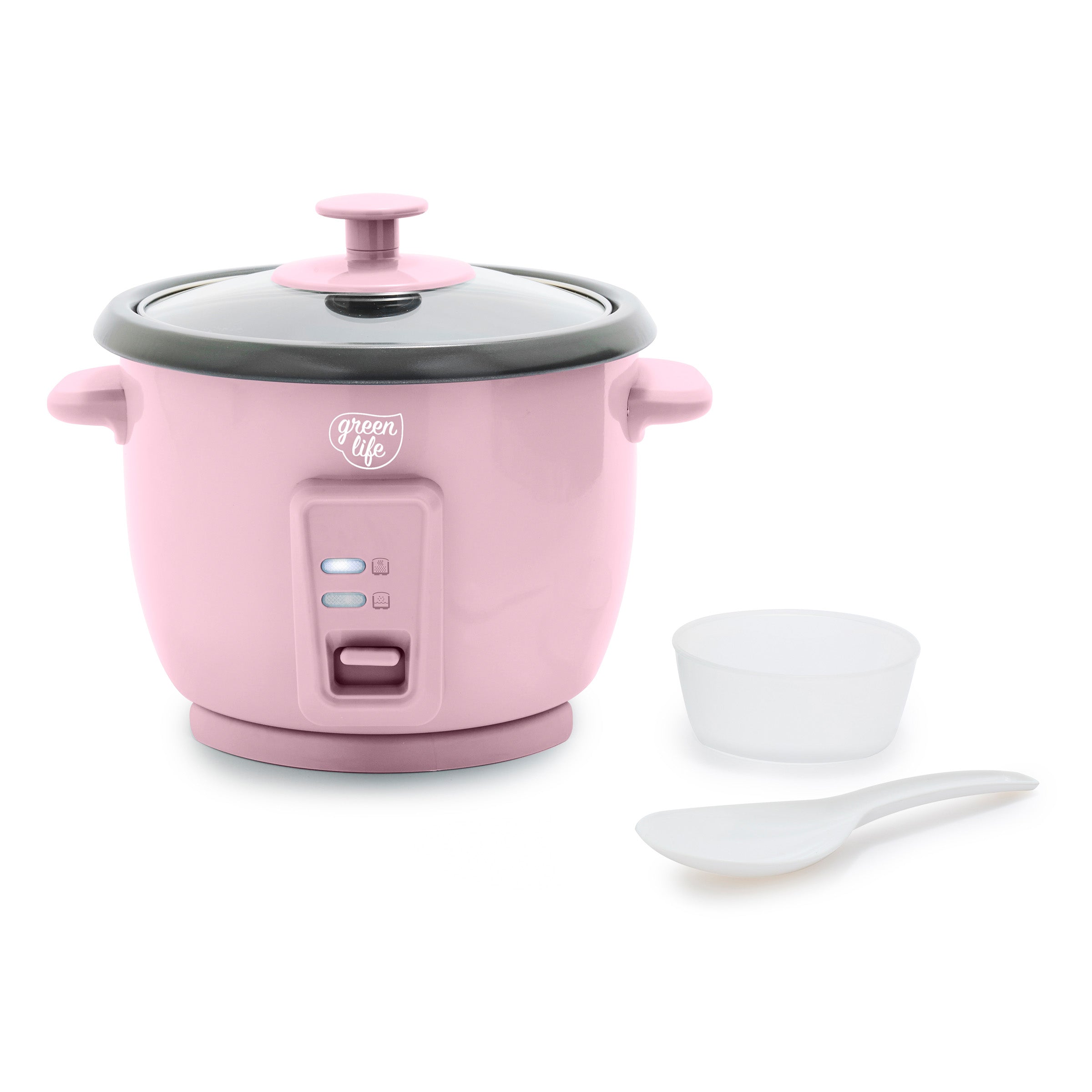 Pink rice cooker with a white bowl and spoon on a white background