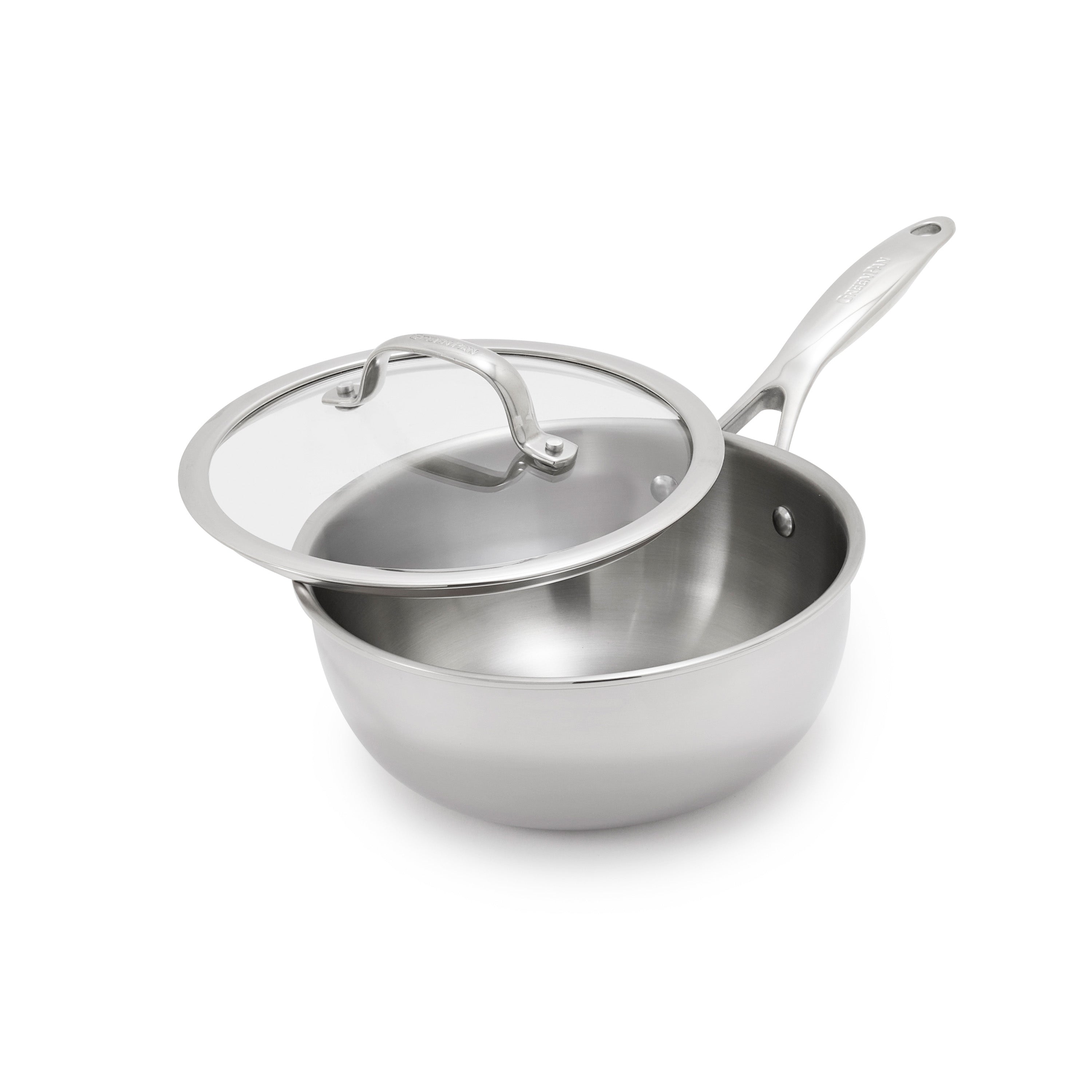 Stainless steel chef's pan with lid on a white background