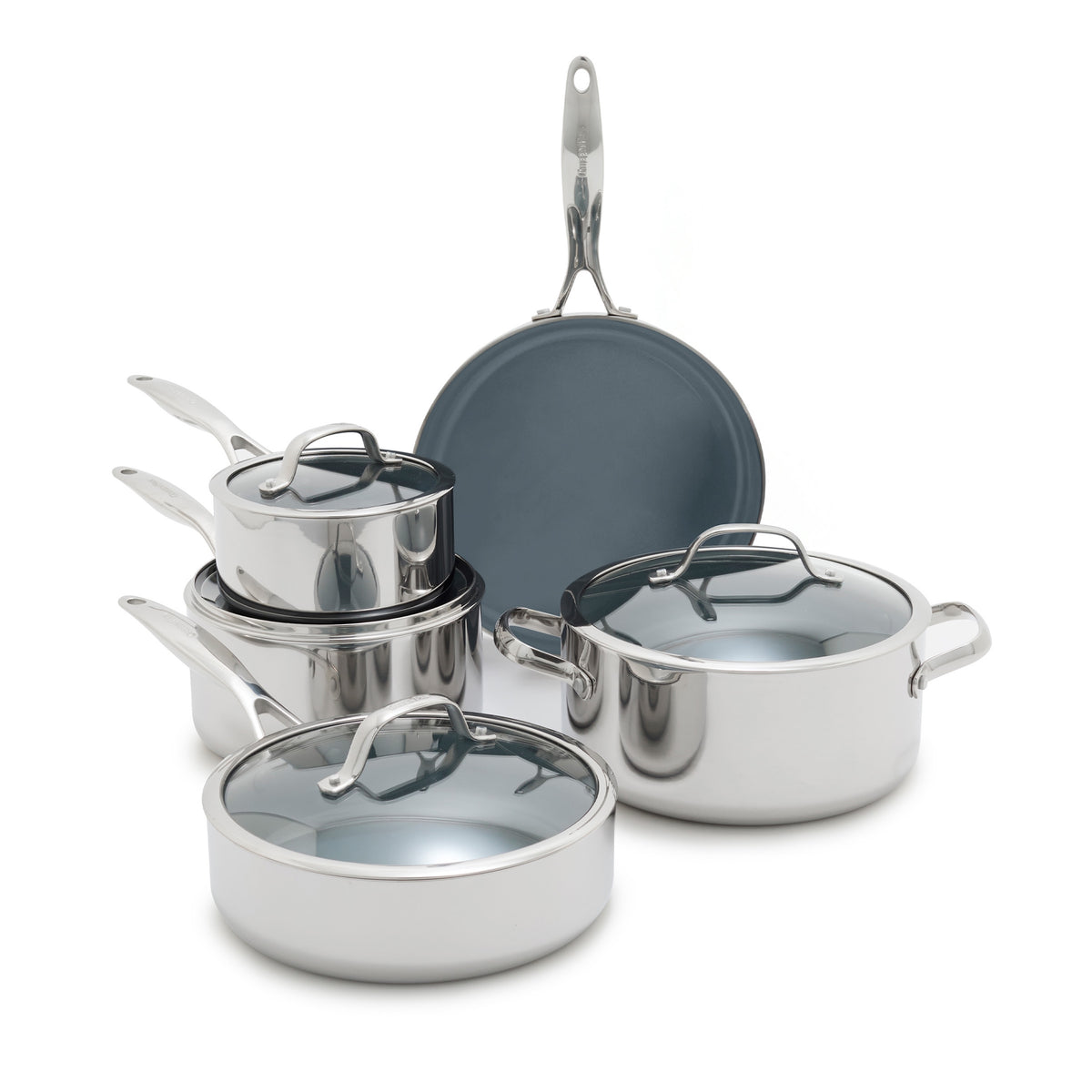 Valencia Pro 9-piece stainless steel cookware set with lids.