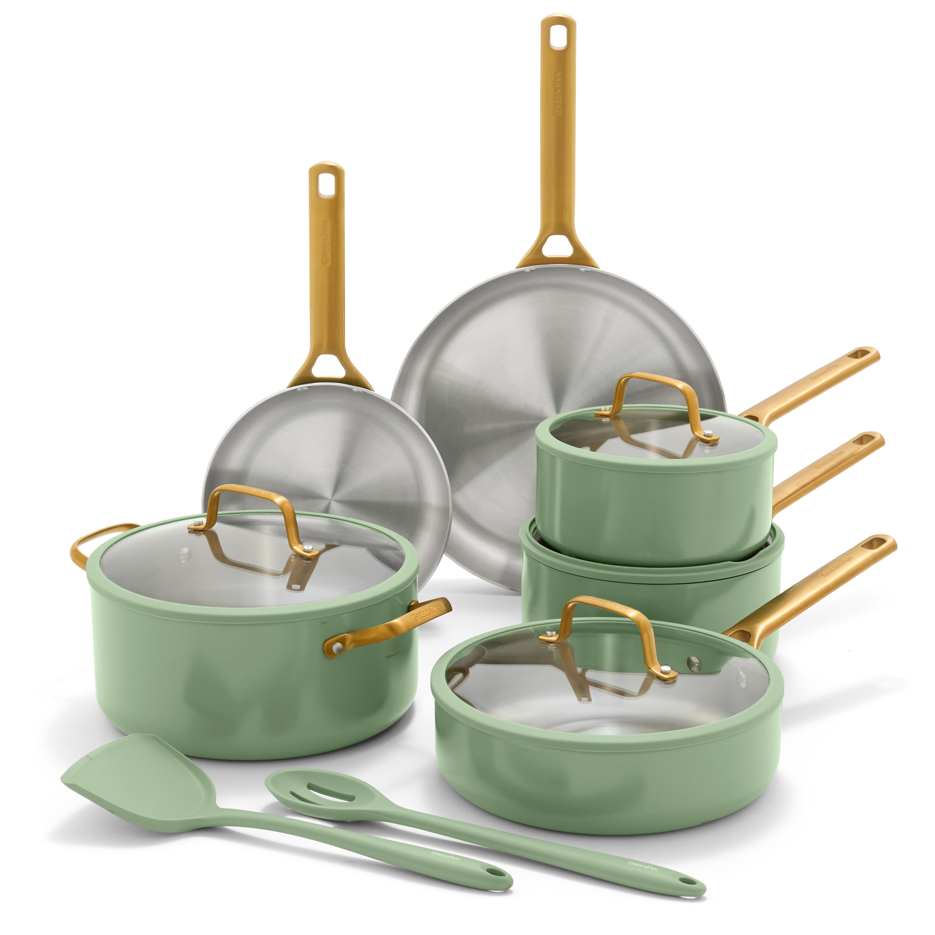 Set of green cookware with gold handles on a white background