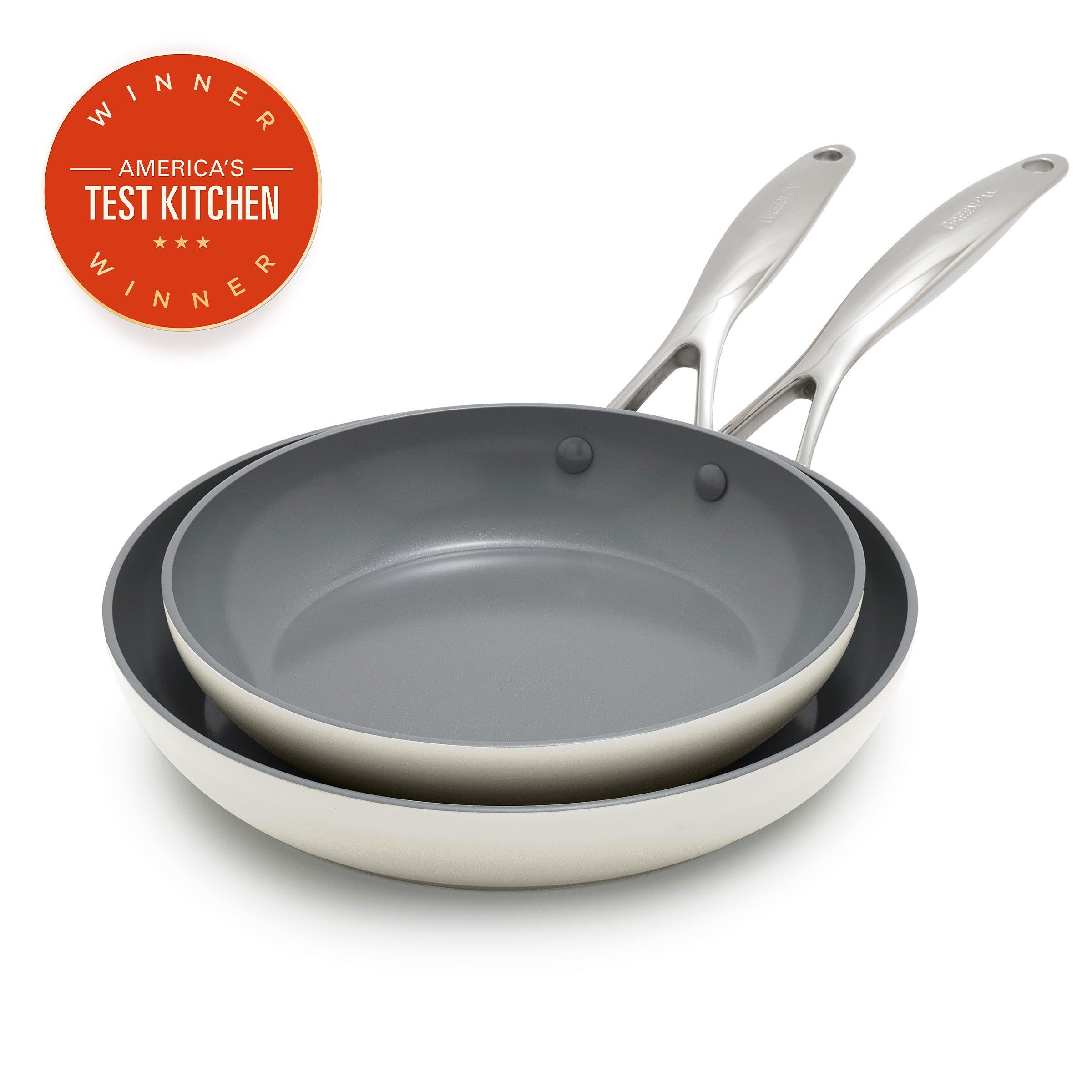 Set of two frying pans with handles, featuring 'America's Test Kitchen' award badge on a white background.