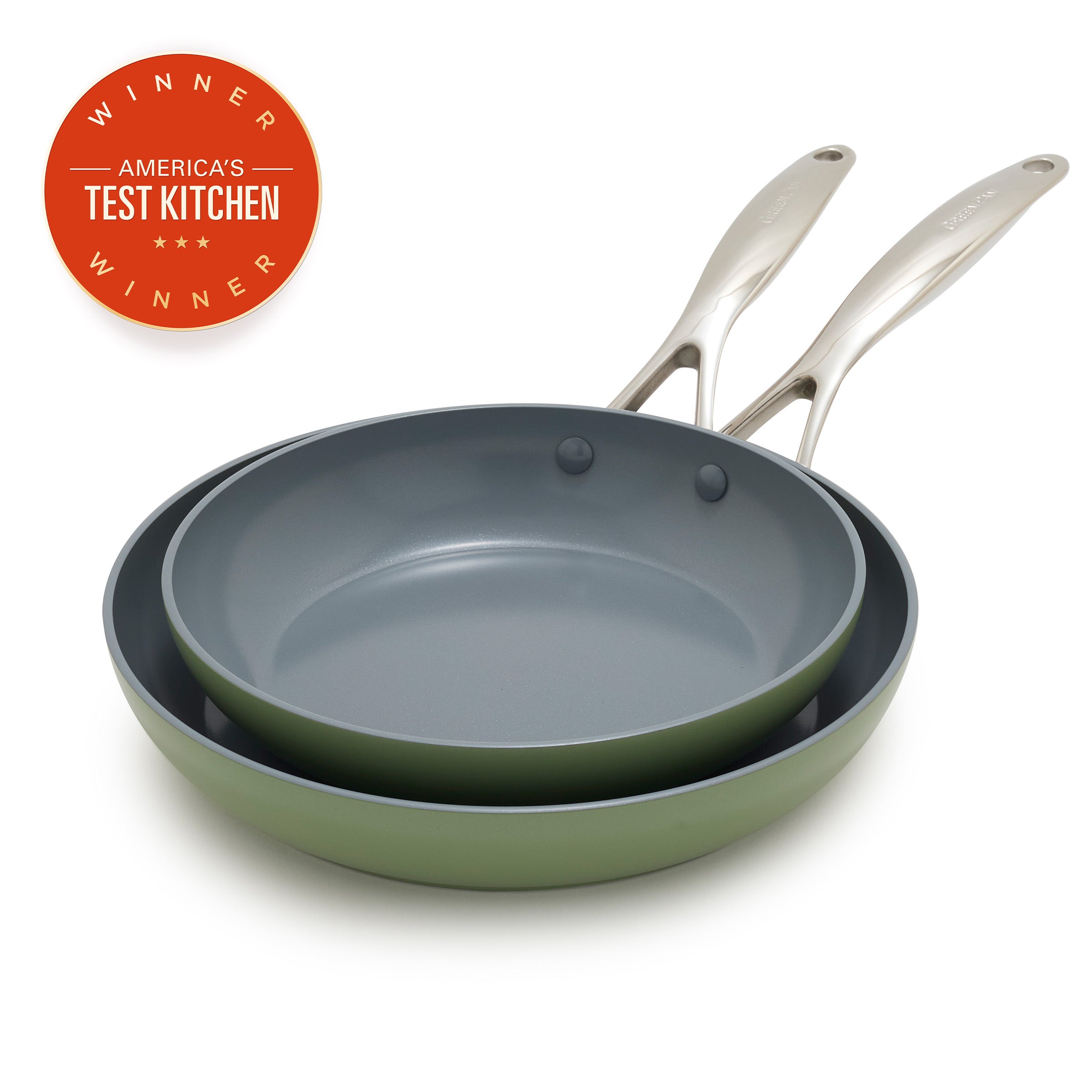 Set of two frying pans with a 'Winner' badge from America's Test Kitchen on a white background