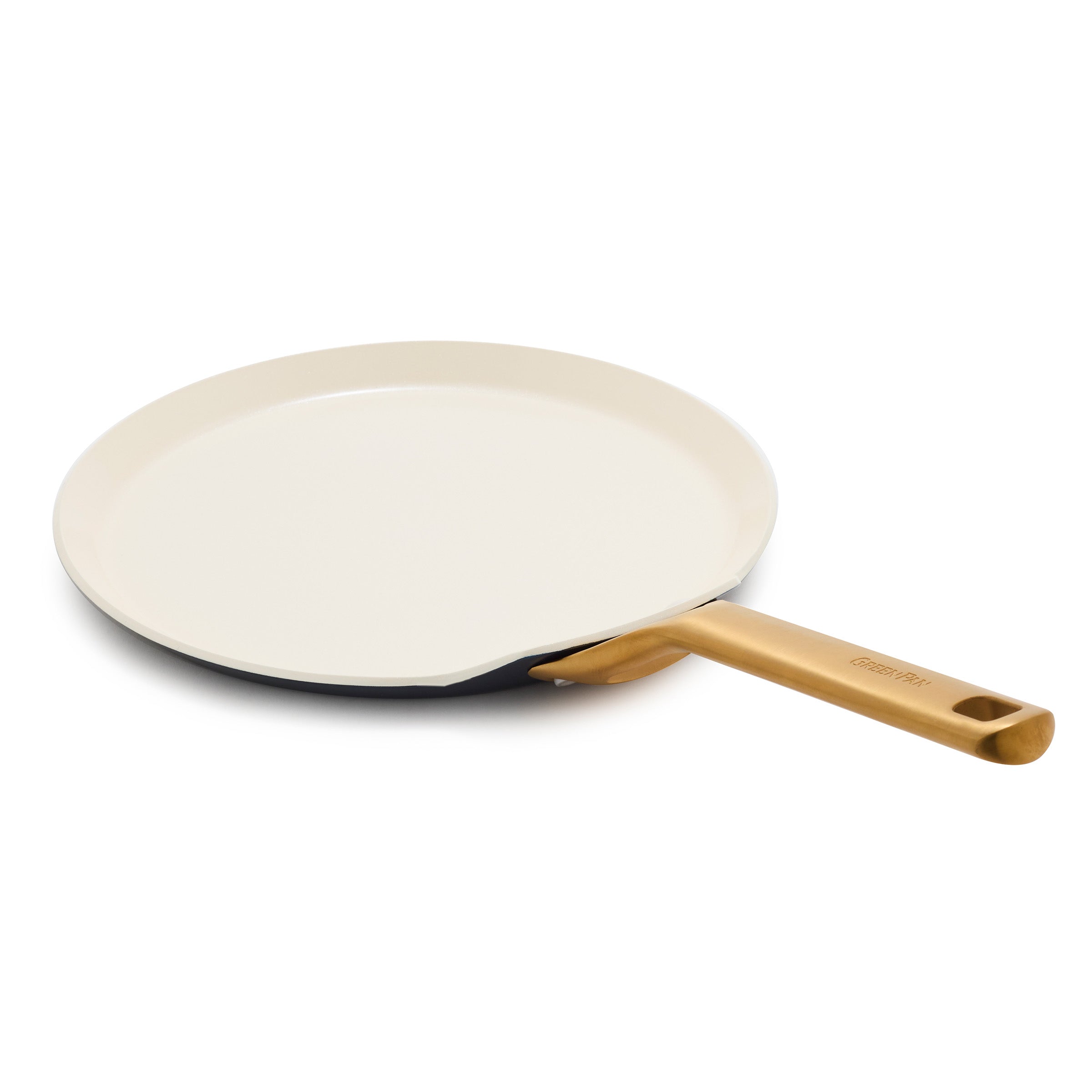 Crepe pan with a gold handle on a white background