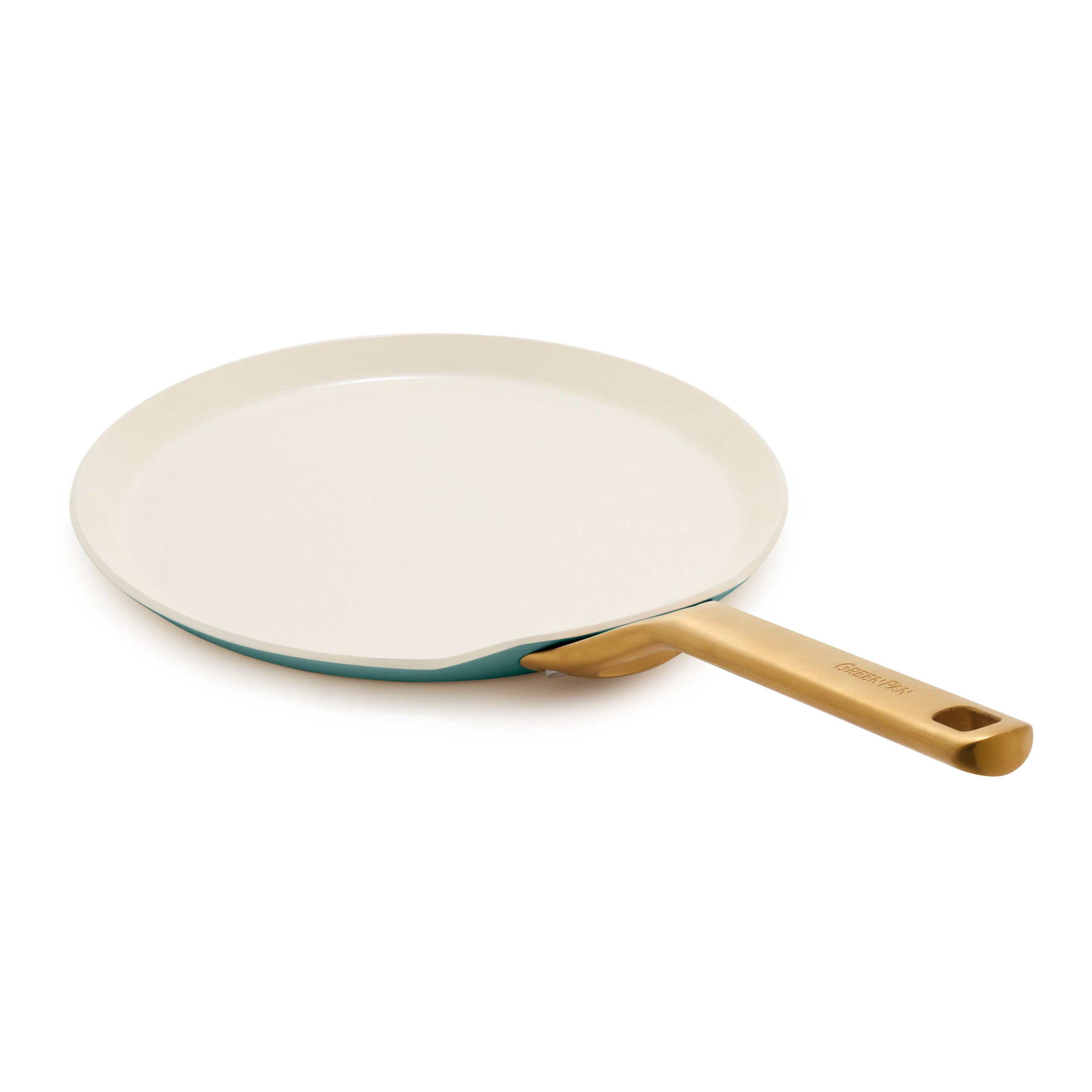 Crepe pan with a gold handle on a white background