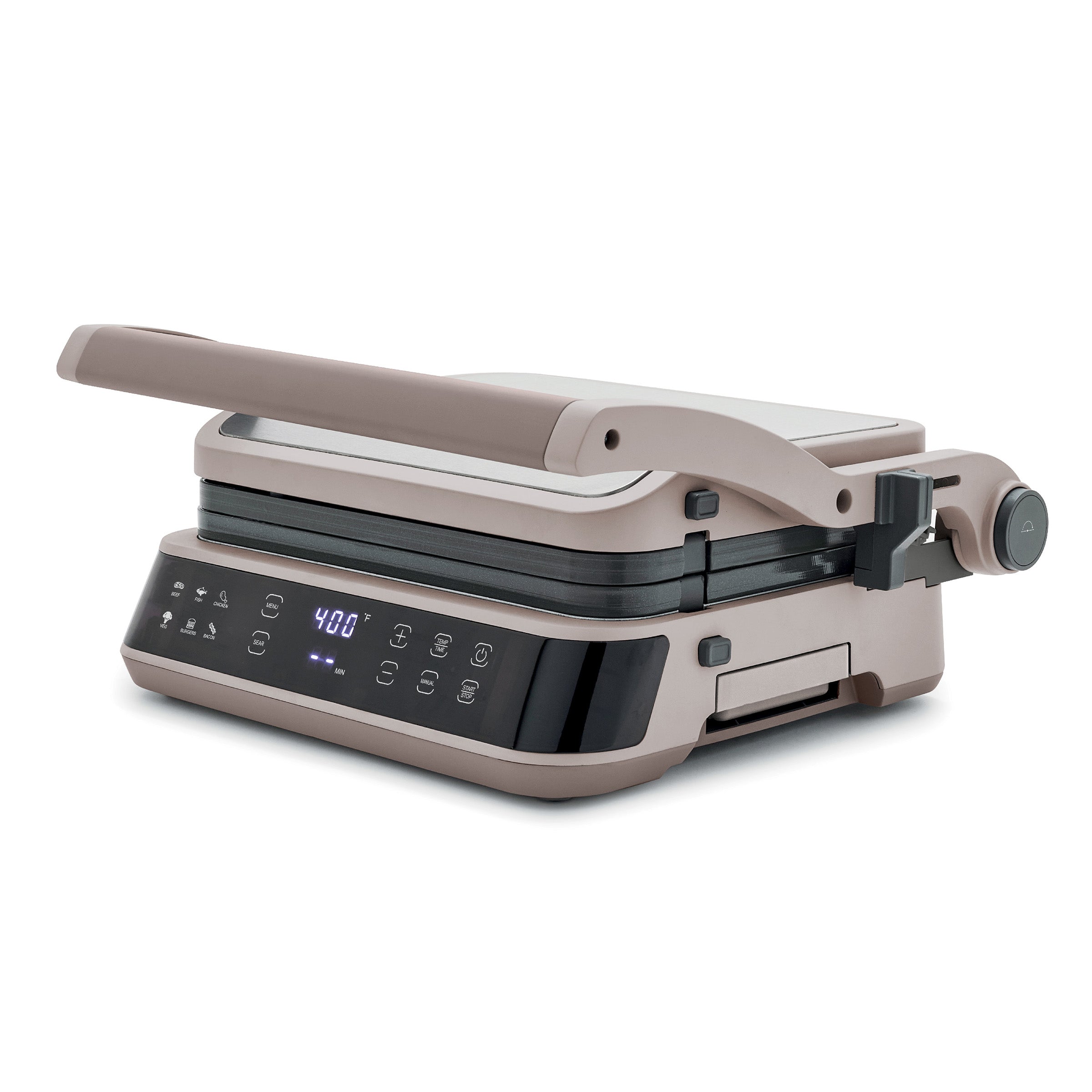 Beige and black ceramic reversible grill and griddle with large handle and digital display.