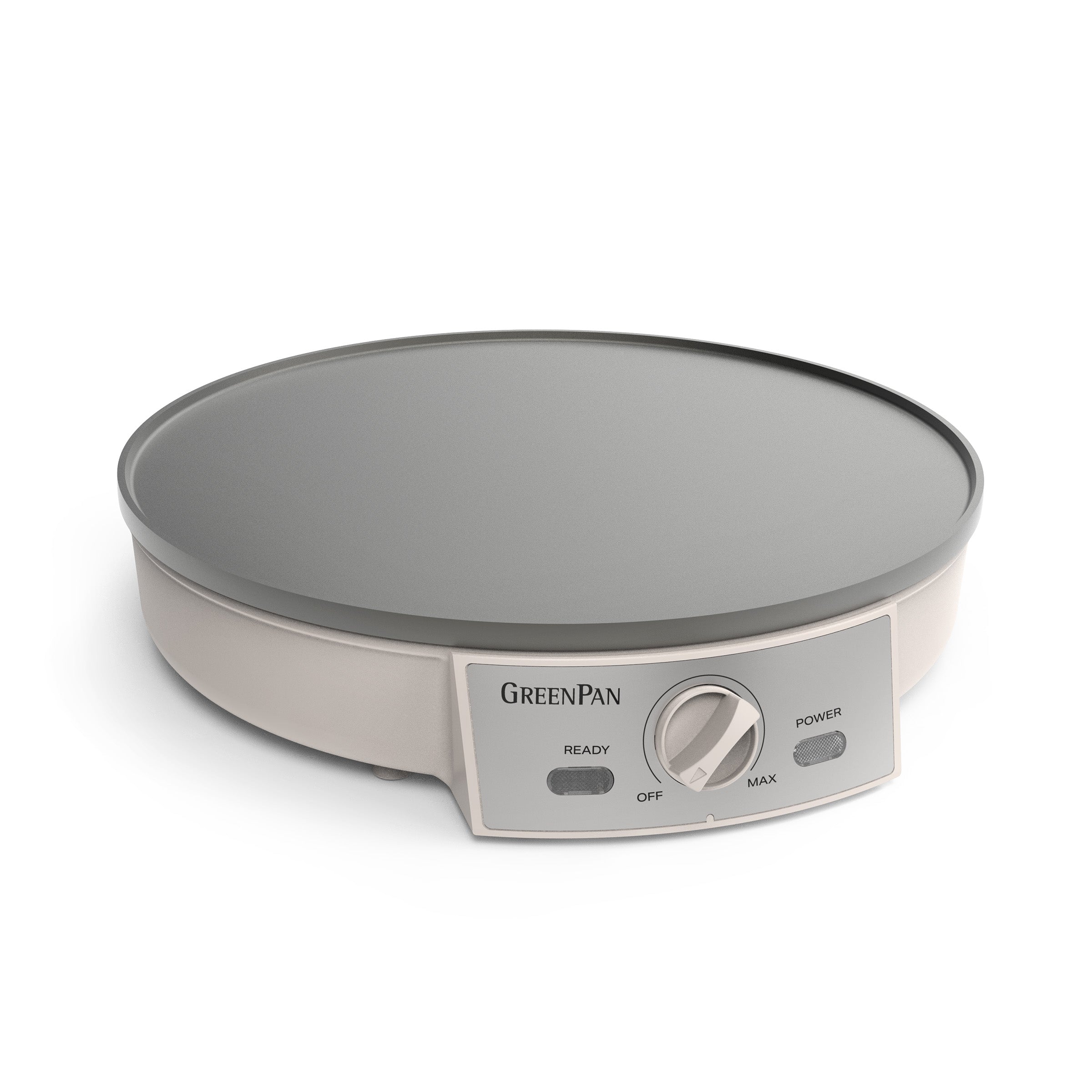 Electric crepe maker with gray cooking surface and control panel on a white background