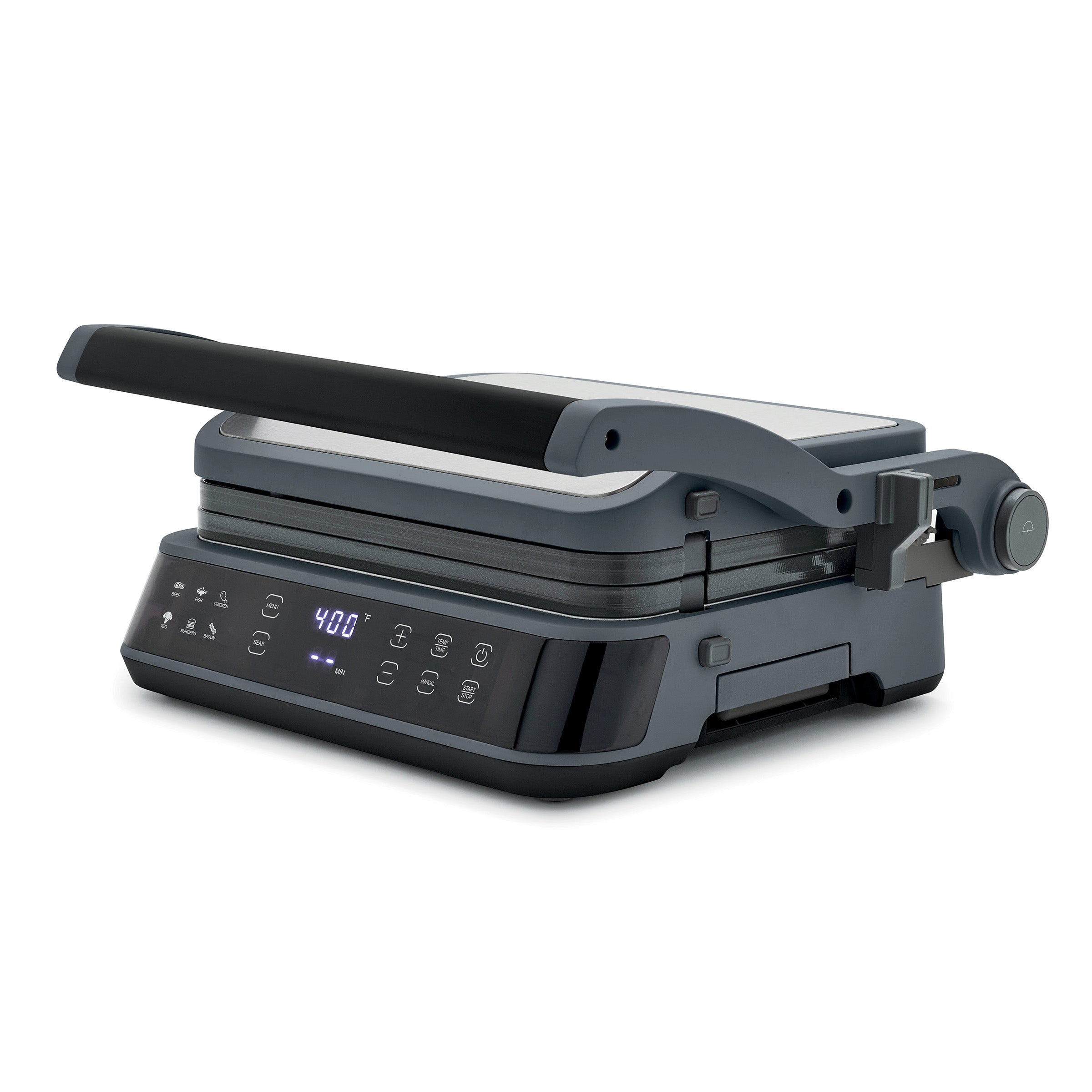 Graphite 5-in-1 grill and griddle with digital controls and ceramic nonstick plate, shown on a countertop.