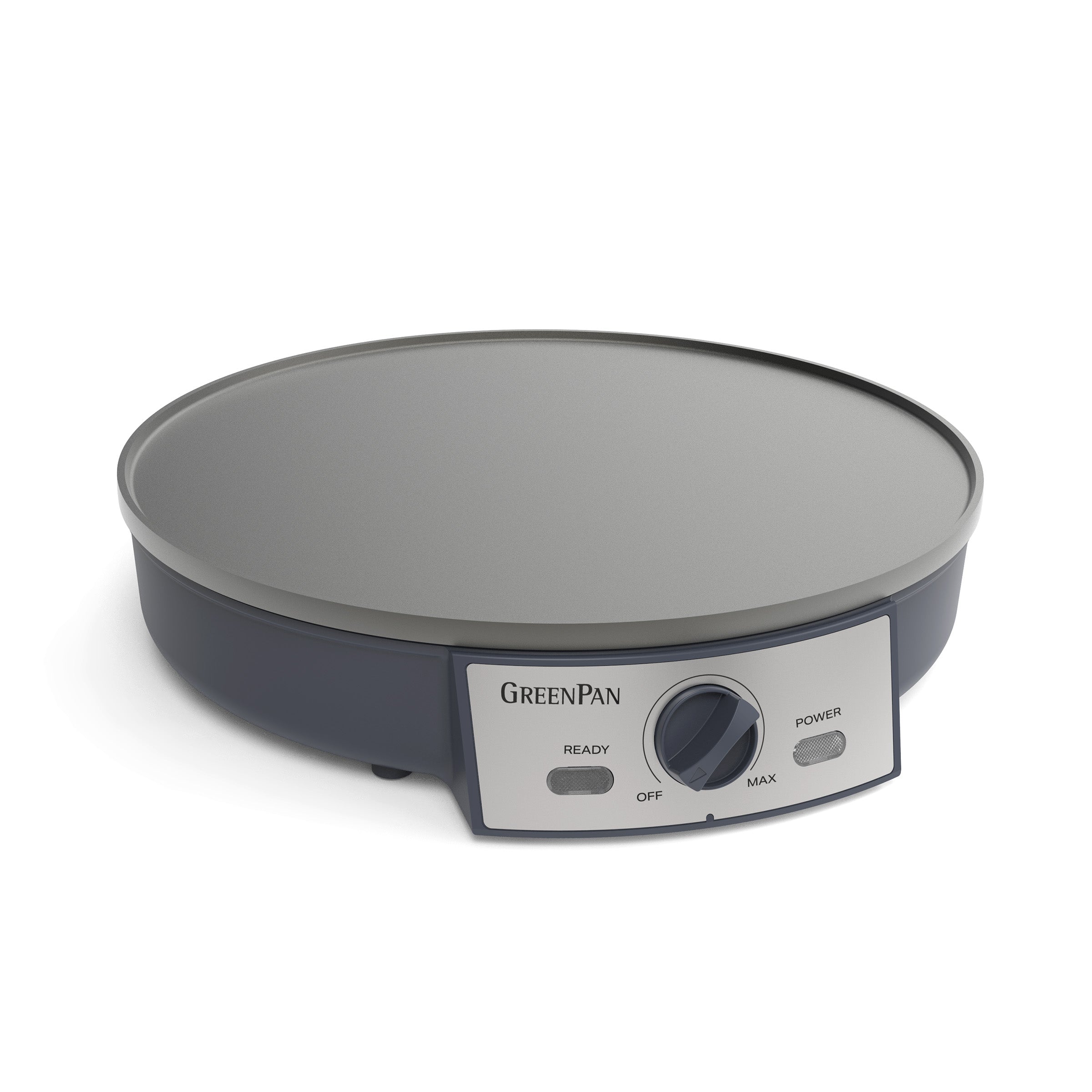 Gray electric crepe maker with control panel on a white background