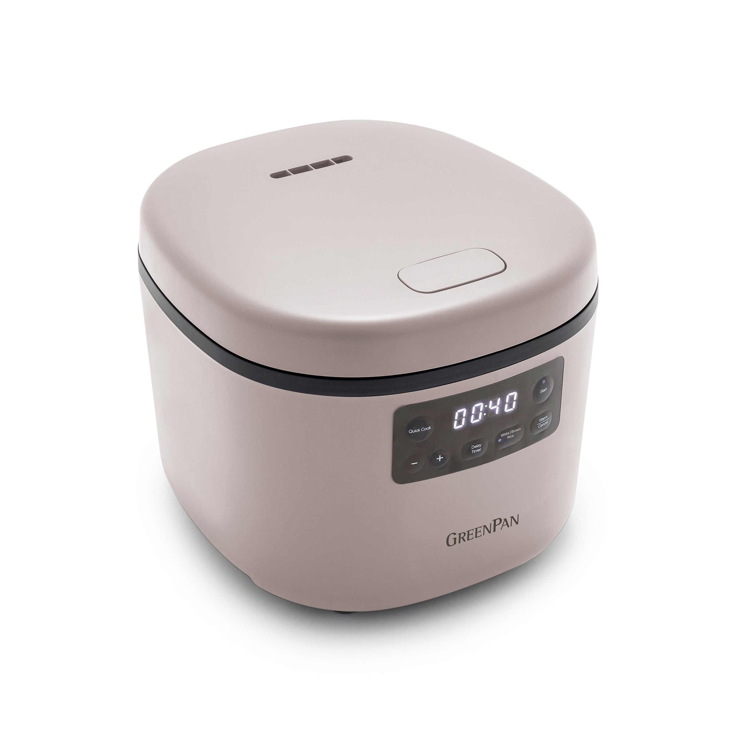 Taupe electric rice cooker with digital display on a white background