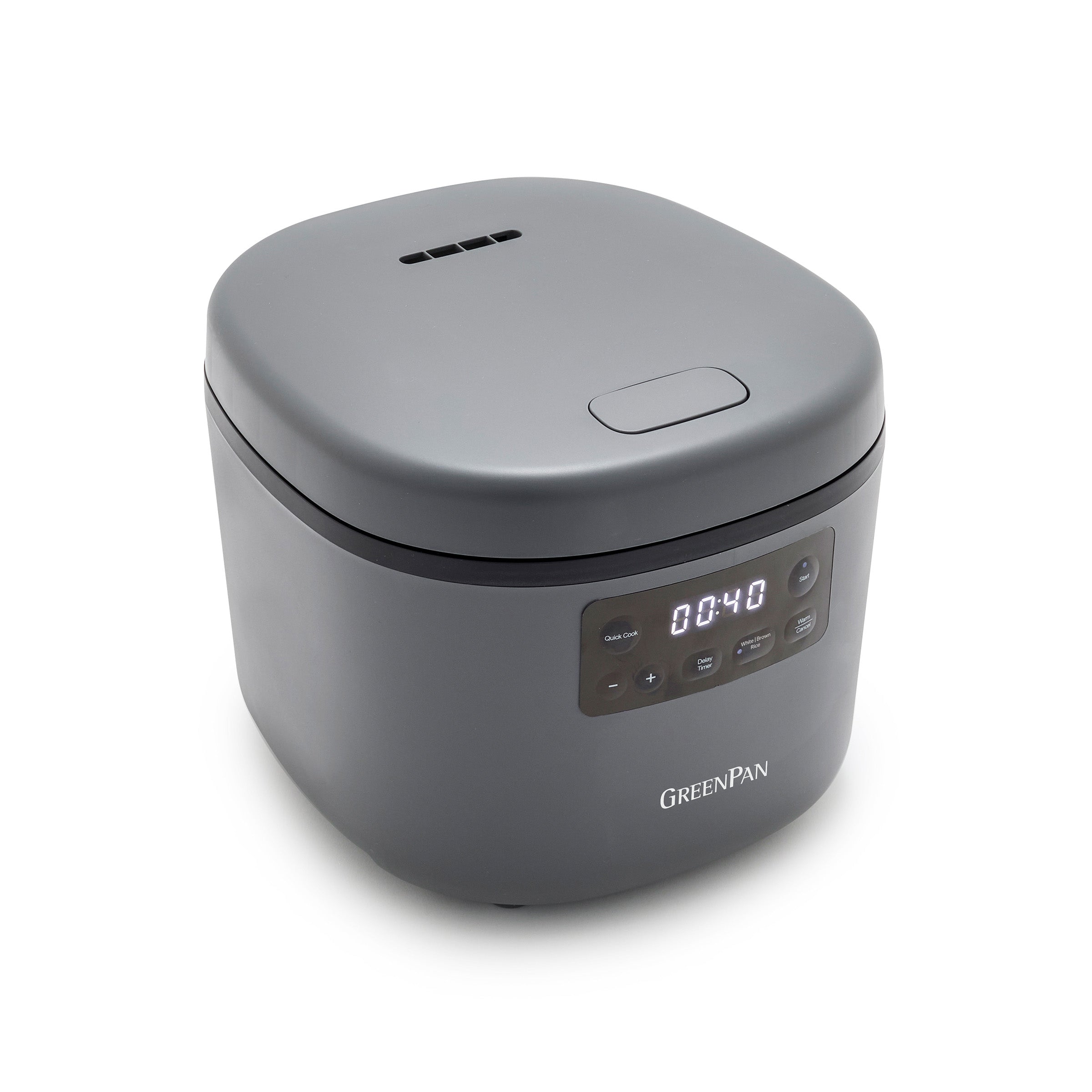 Gray Greenpan rice cooker on a white background