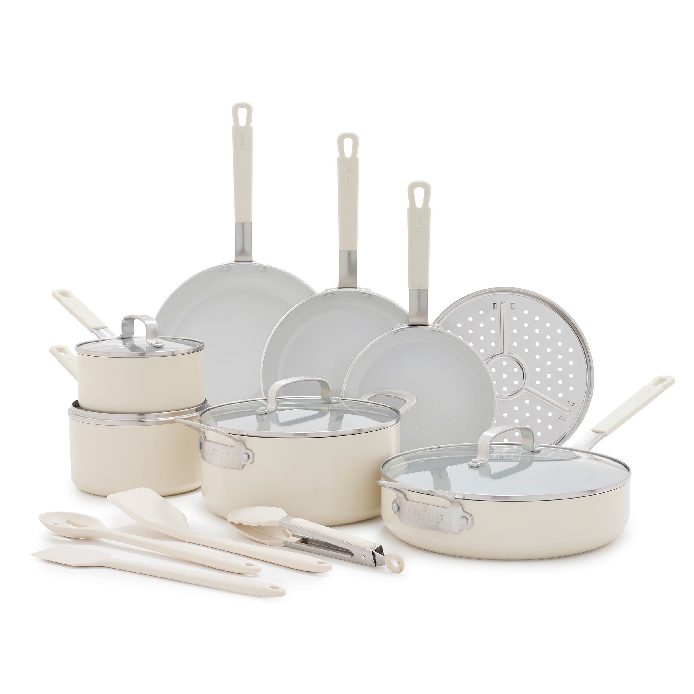 Cream-colored 16-piece ceramic nonstick cookware set with pots, pans, and lids, featuring aluminum construction.