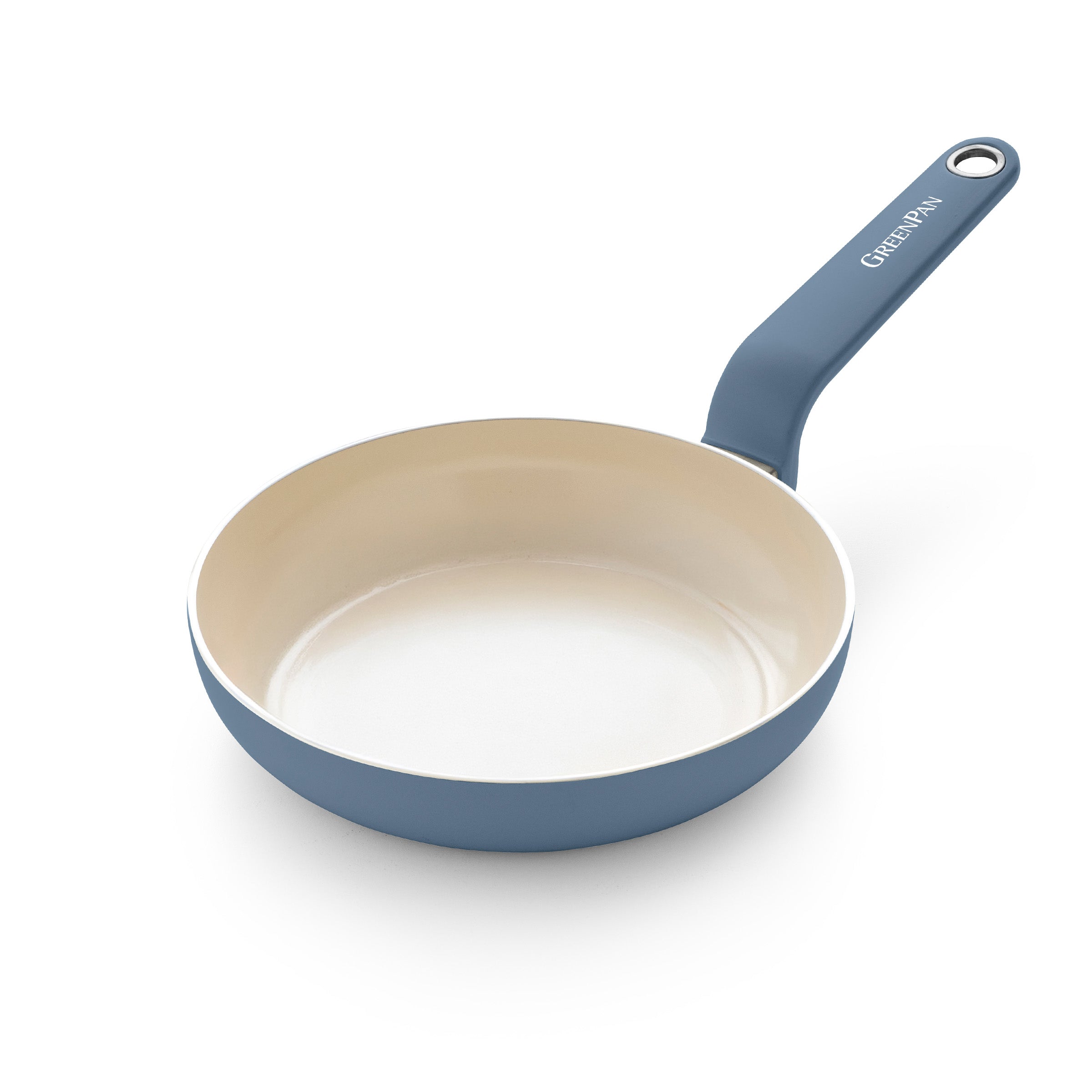 Blue ceramic 8-inch frypan with cream interior and metal handle, displayed on a white background.