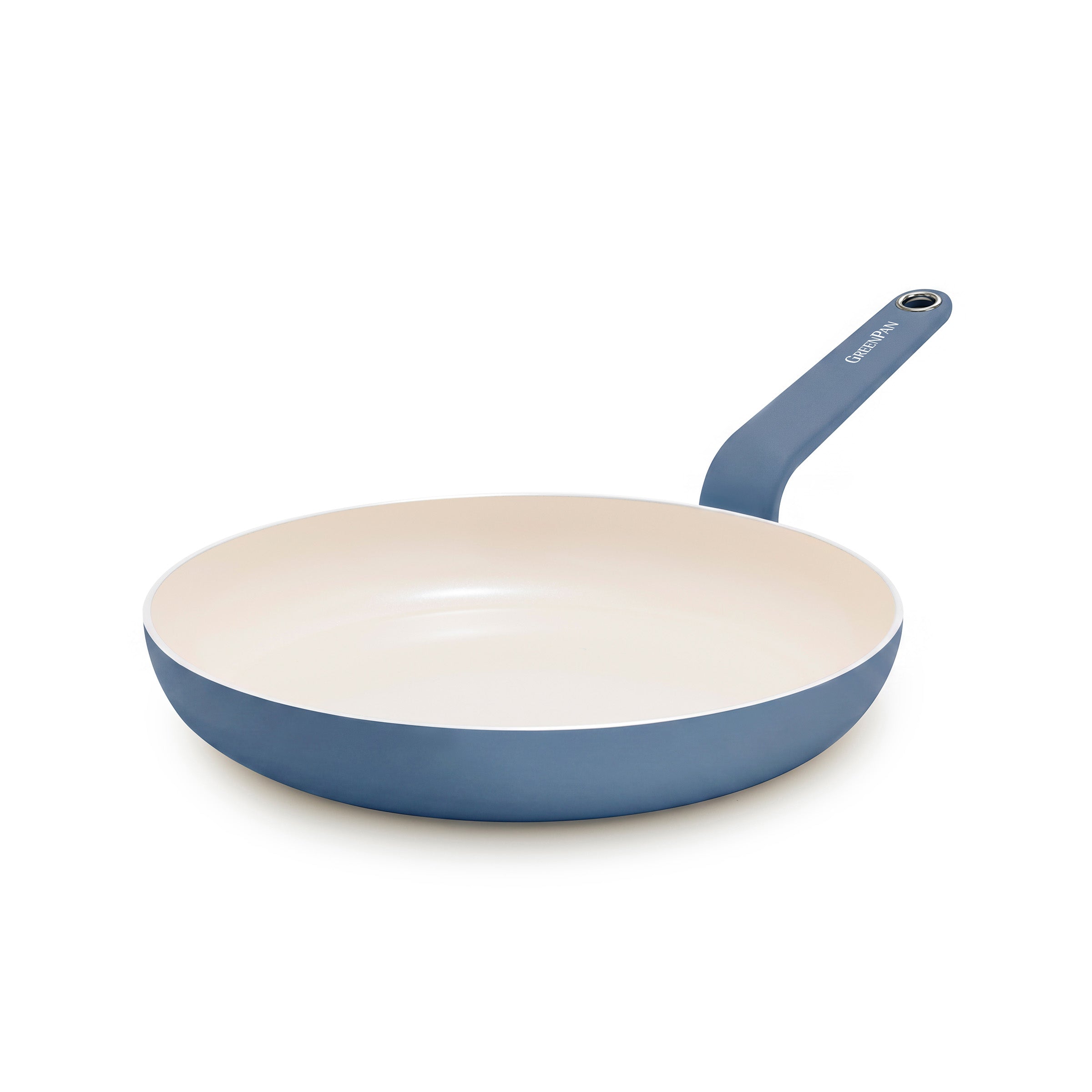 Blue ceramic 10-inch frypan with light interior and long handle, shown against a white background.