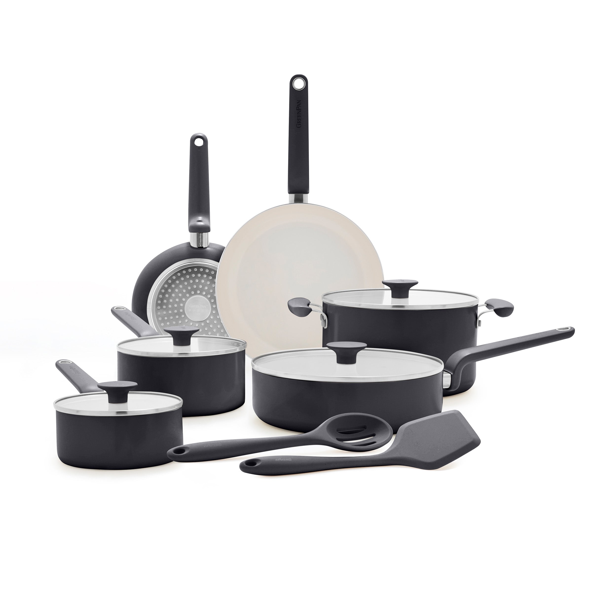 12-piece black ceramic cookware set with pans, lids, spatula, and spoon arranged on a white surface.