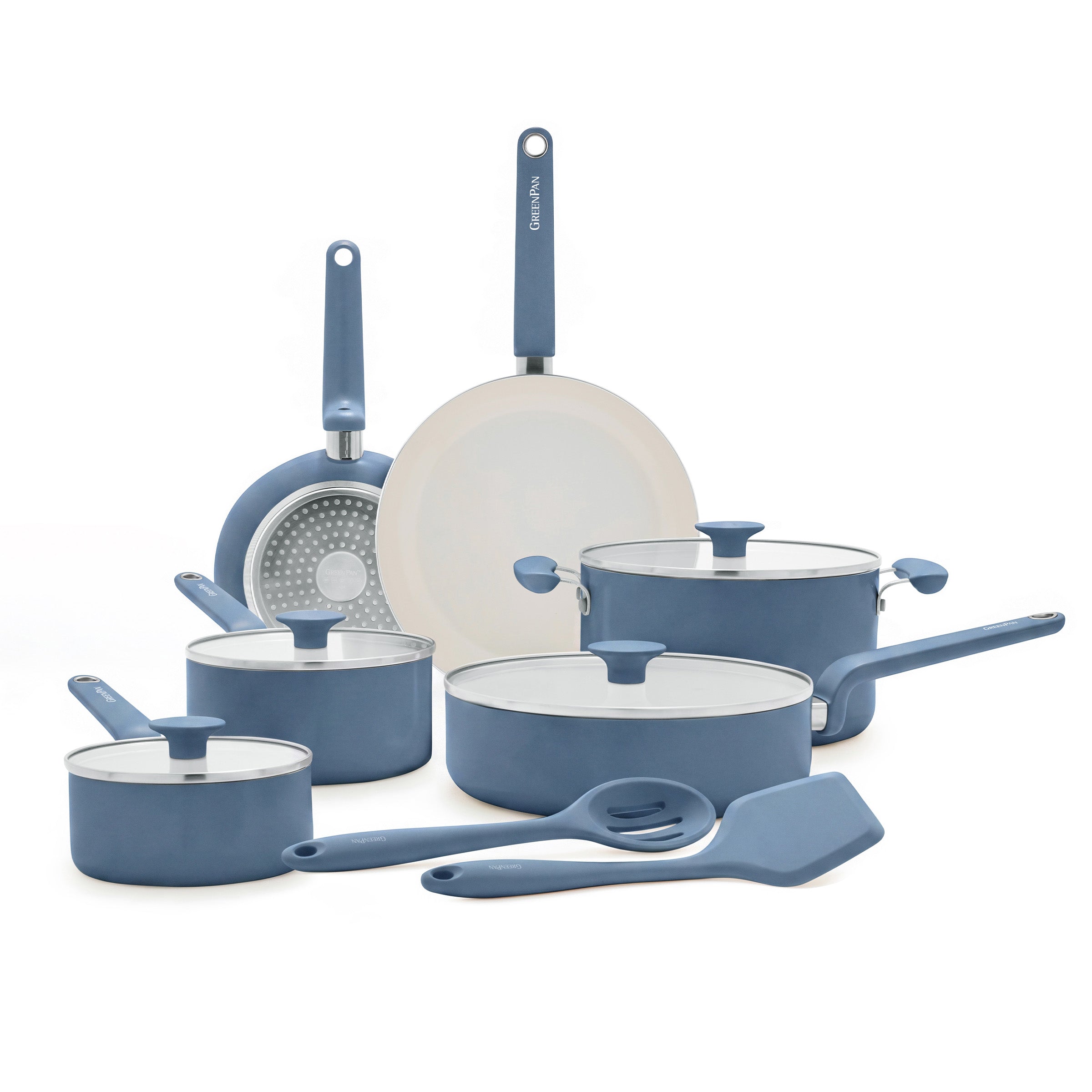 12-piece Dutch blue ceramic cookware set with pots, pans, lids, and utensils arranged on a white background.