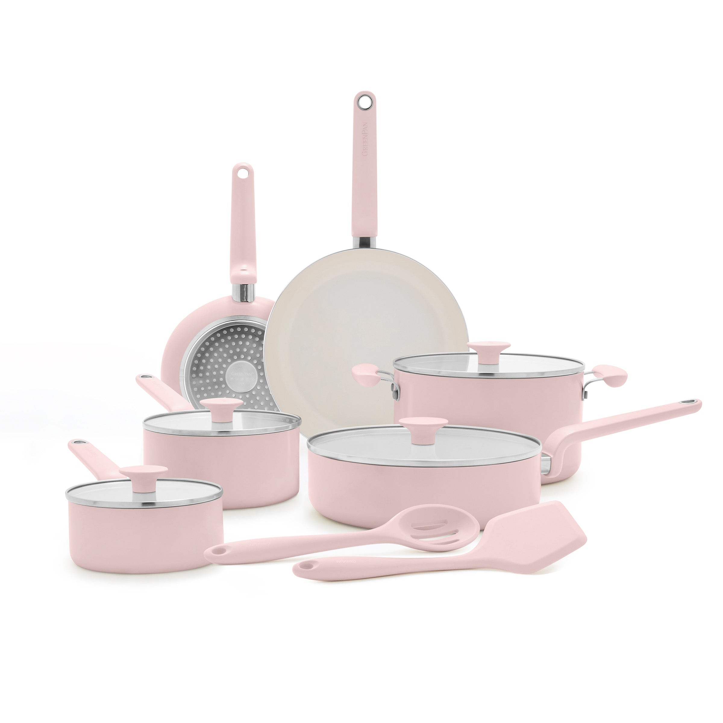 Pink ceramic nonstick 12-piece cookware set with glass lids and utensils, arranged on a white background.