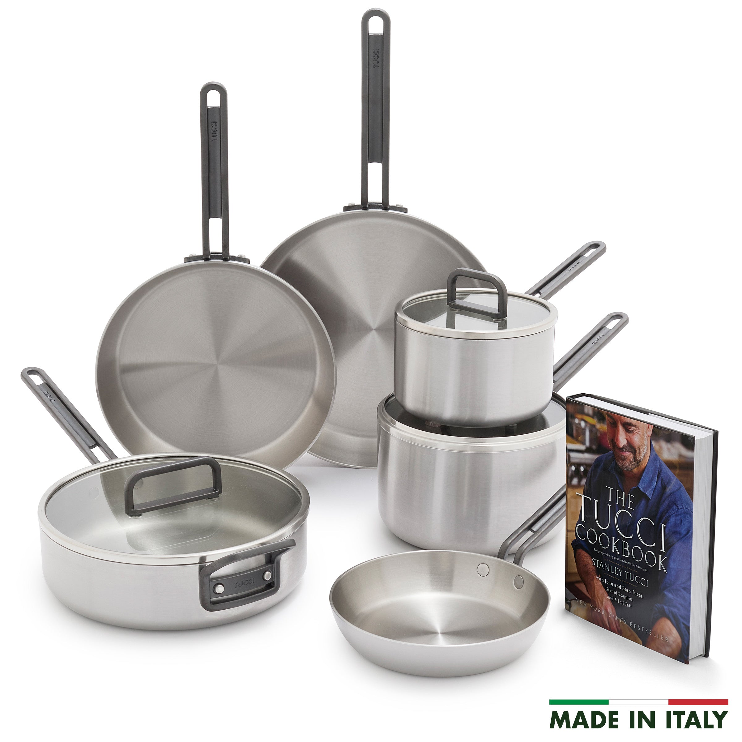 9-piece cookware set with black handles, glass lids, and cookbook; Made in Italy label visible.