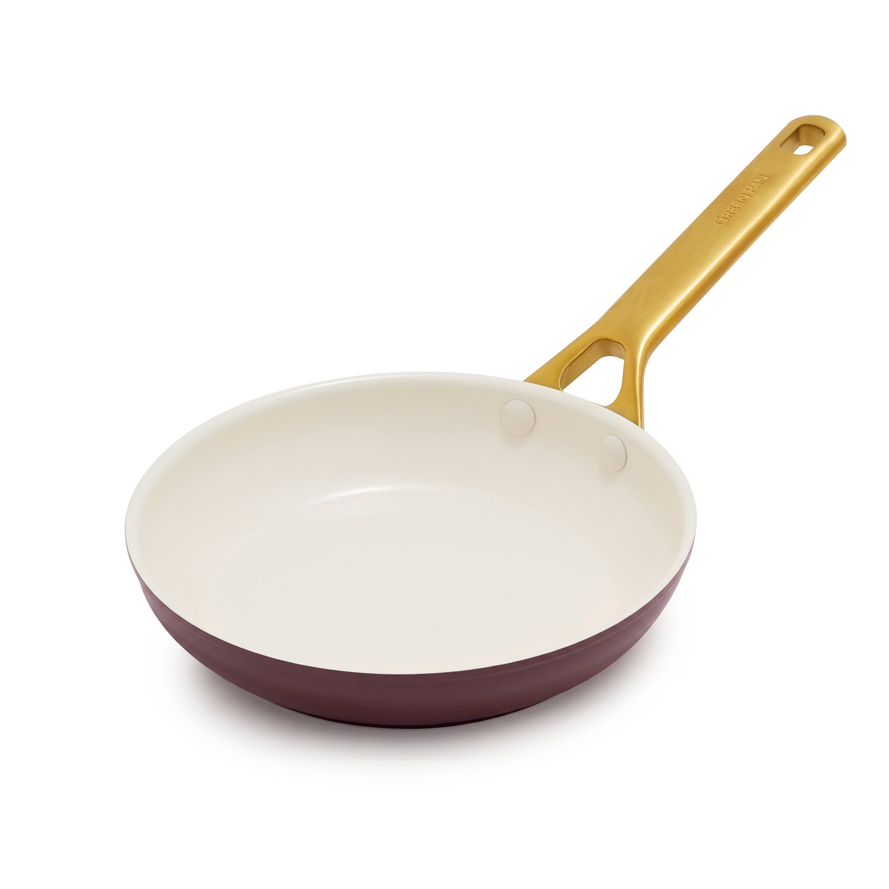 Bordeaux ceramic nonstick 8-inch frypan with cream interior and gold handle on a white background.