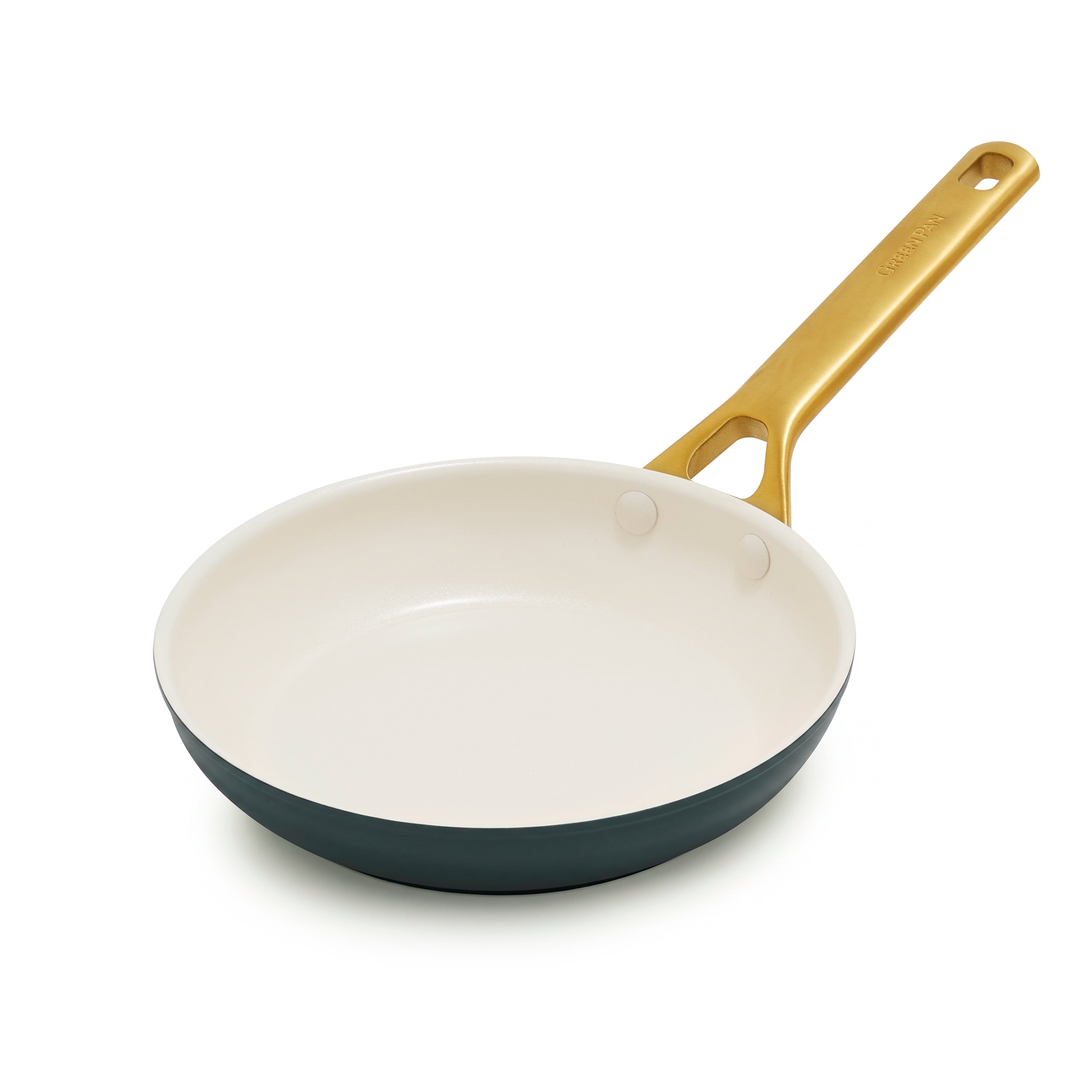Spruce green ceramic 8-inch frypan with cream interior and gold handle, shown alone on a white background.