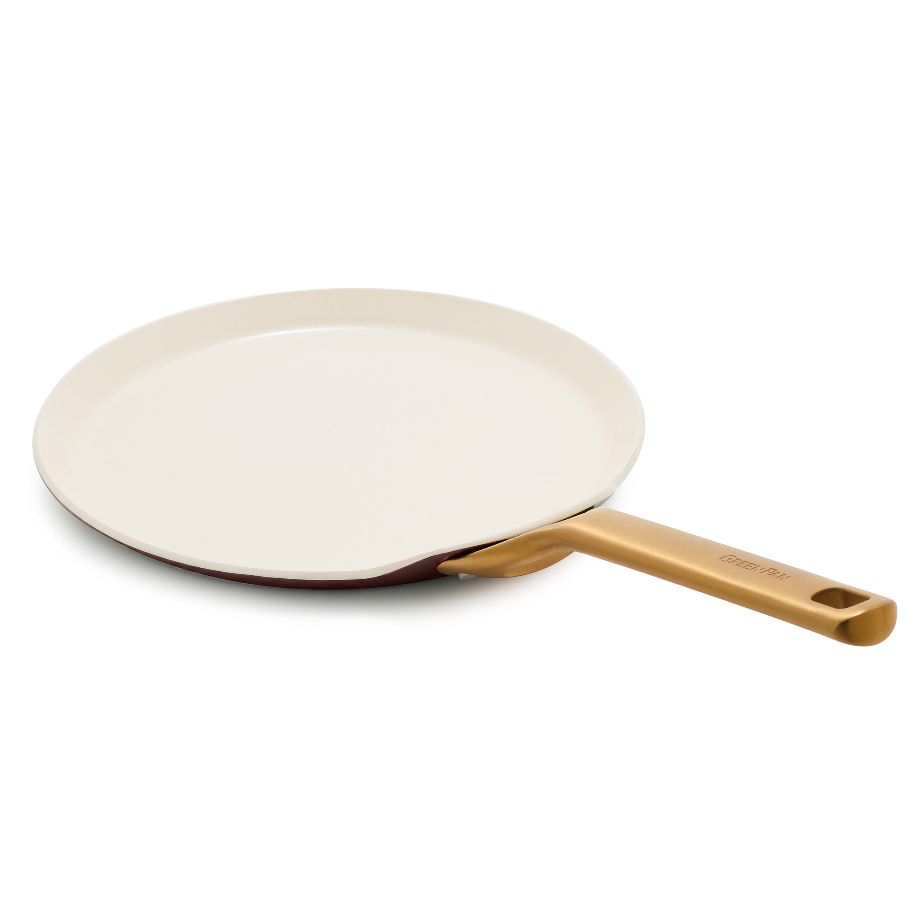 Bordeaux red ceramic crepe pan with a gold handle, shown at an angle on a white background.