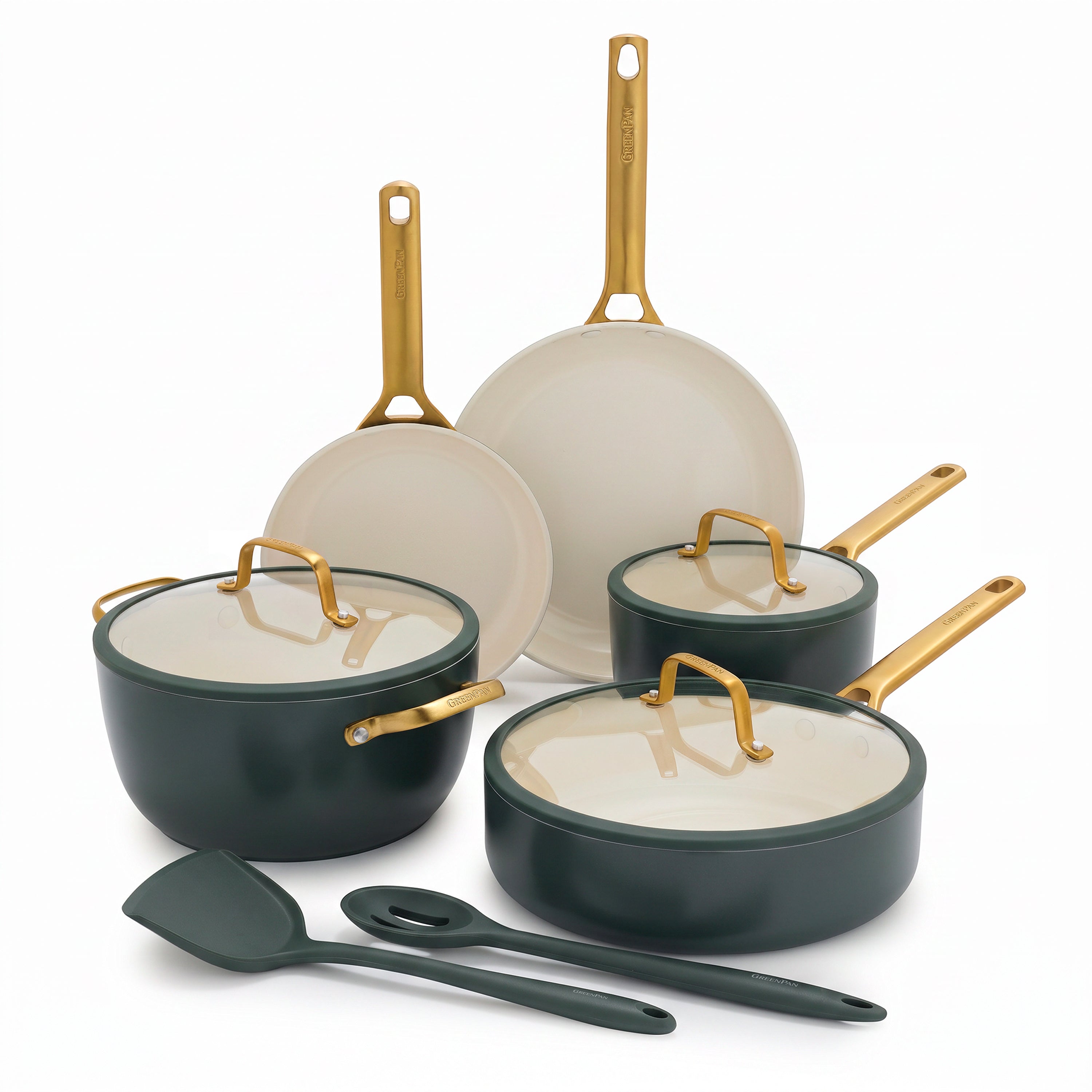 10-piece spruce green ceramic cookware set with gold handles, clear lids, and two utensils, stackable design.
