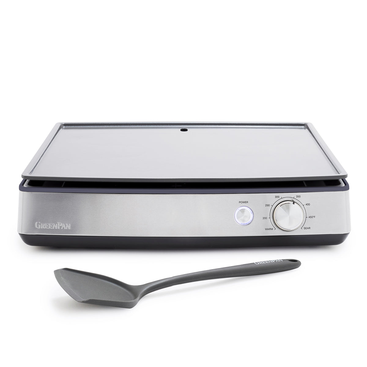 Graphite electric countertop griddle with a temperature control dial and matching spatula.