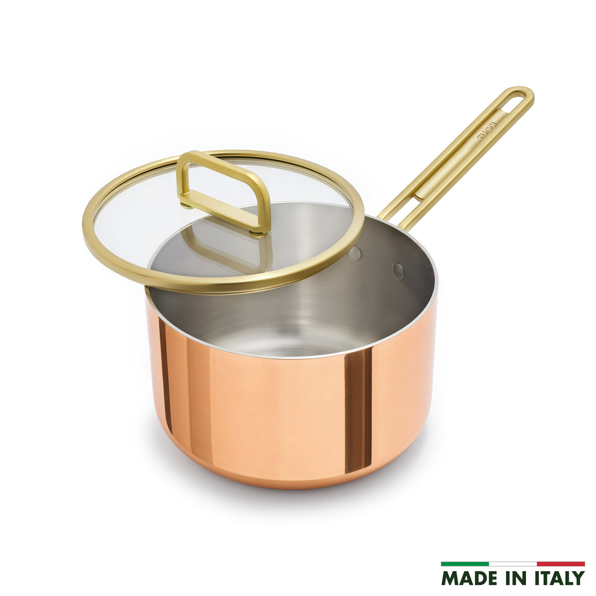 Copper 4-quart saucepan with a gold handle, glass lid, and “Made in Italy” lettering, shown on a white background.