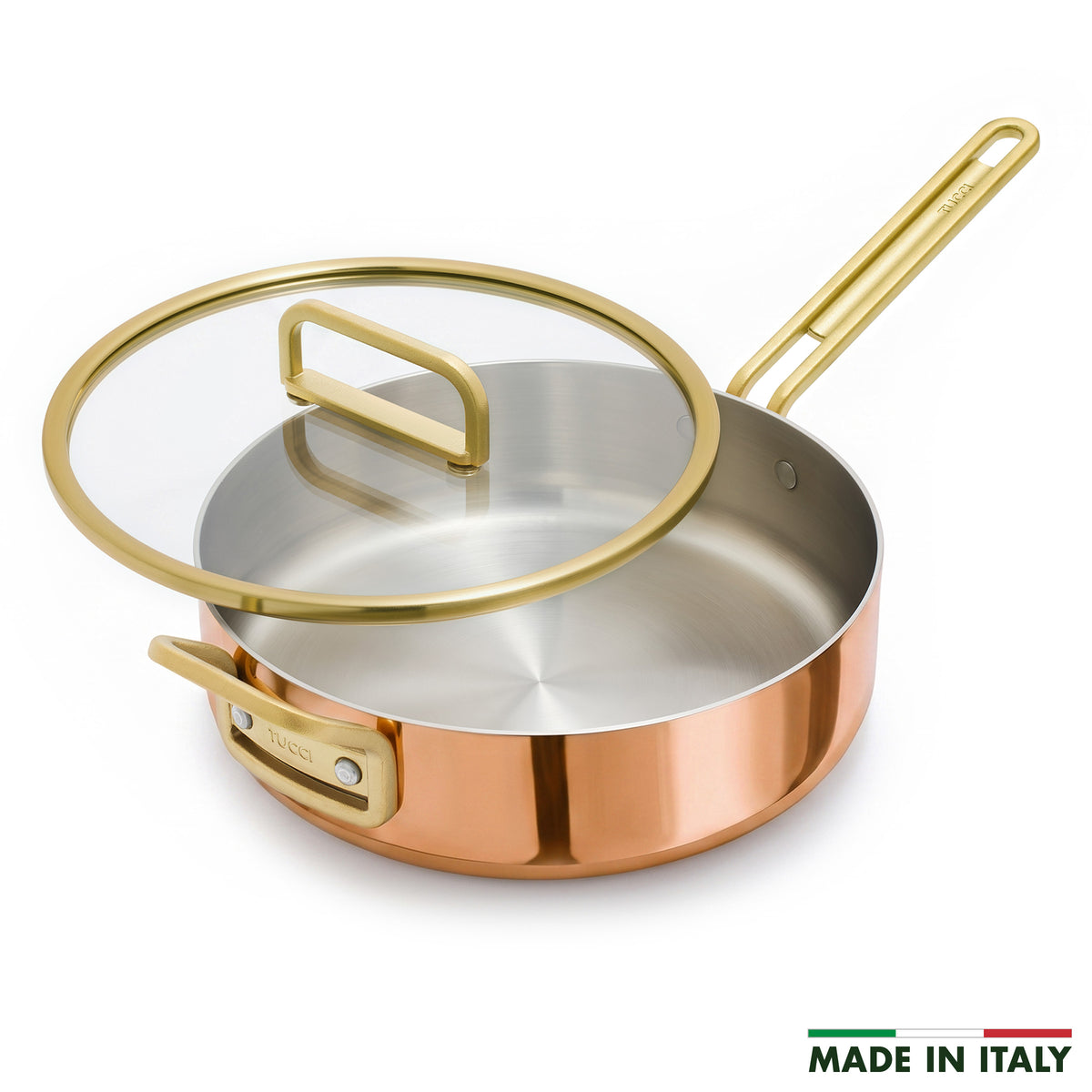 Copper 4-quart sauté pan with gold-tone handle and matching lid, “Made in Italy” note on lid.
