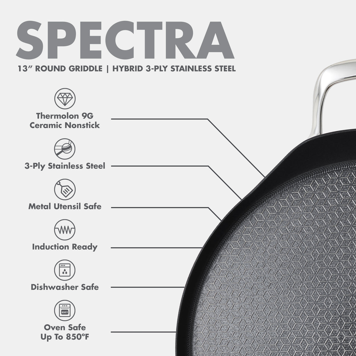 Spectra Thermobond 13-inch round griddle with a black ceramic honeycomb surface.