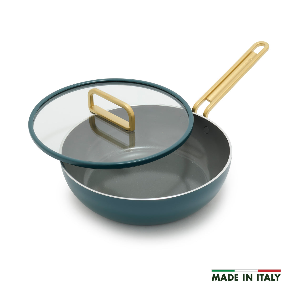 Stanley Tucci 3.25-quart ceramic nonstick Piccolo pan in Venetian Teal with a gold handle and glass lid.