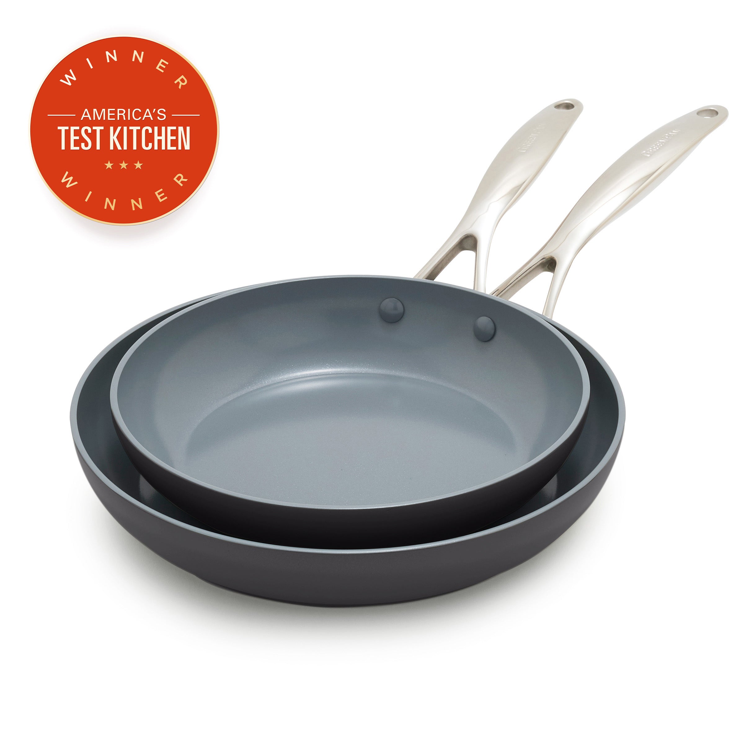 Two gray ceramic nonstick frypans, 9.5 and 11 inches, stacked together with an America’s Test Kitchen Winner badge nearby.