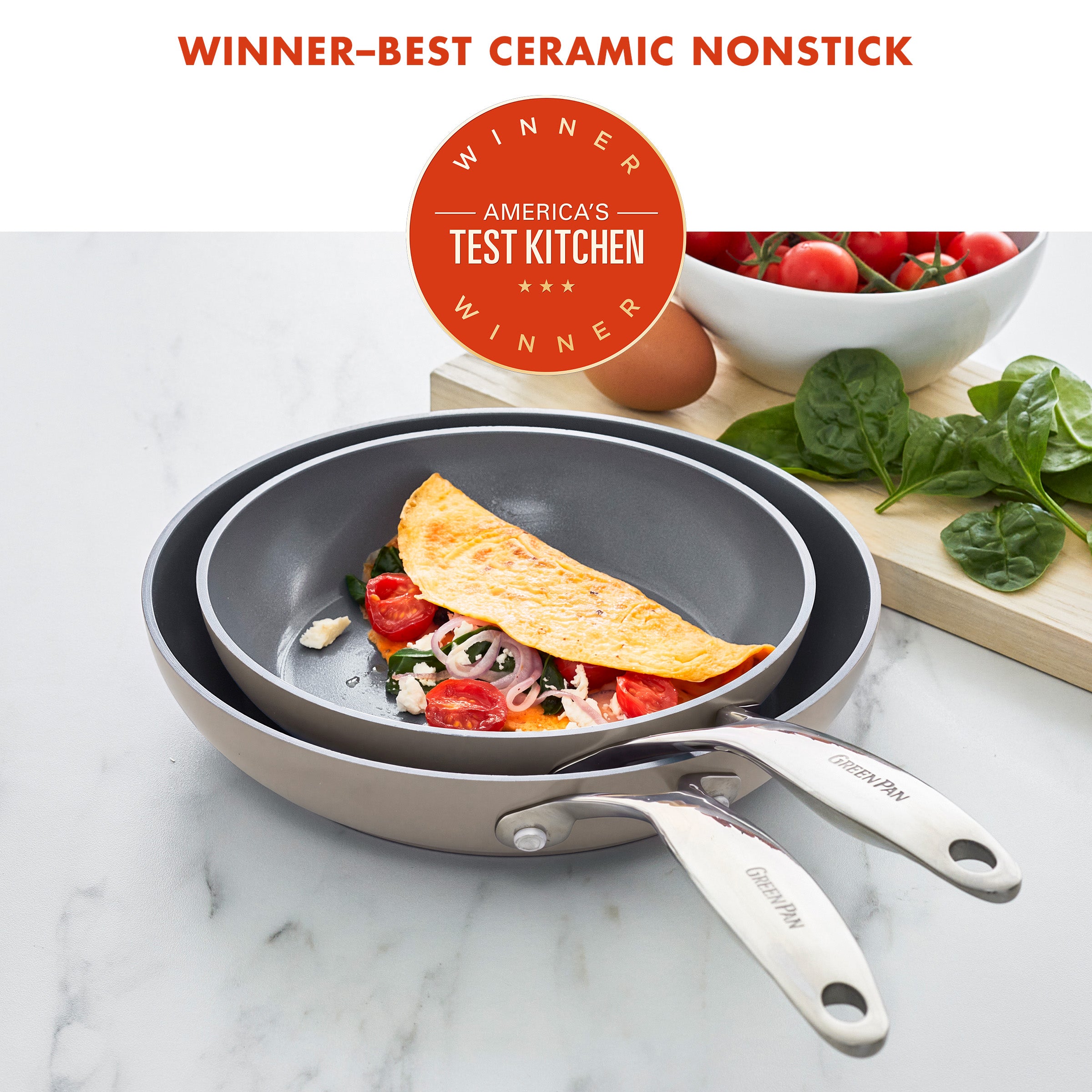 Set of two taupe ceramic nonstick frypans 9.5 and 11 with omelet, spinach, and tomatoes.