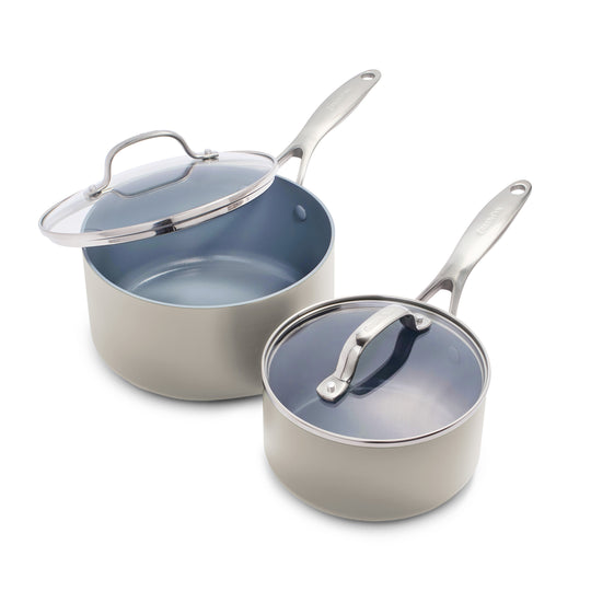 Valencia Pro Ceramic Nonstick 1.5-Quart and 3-Quart Saucepan Set with Lids | Taupe