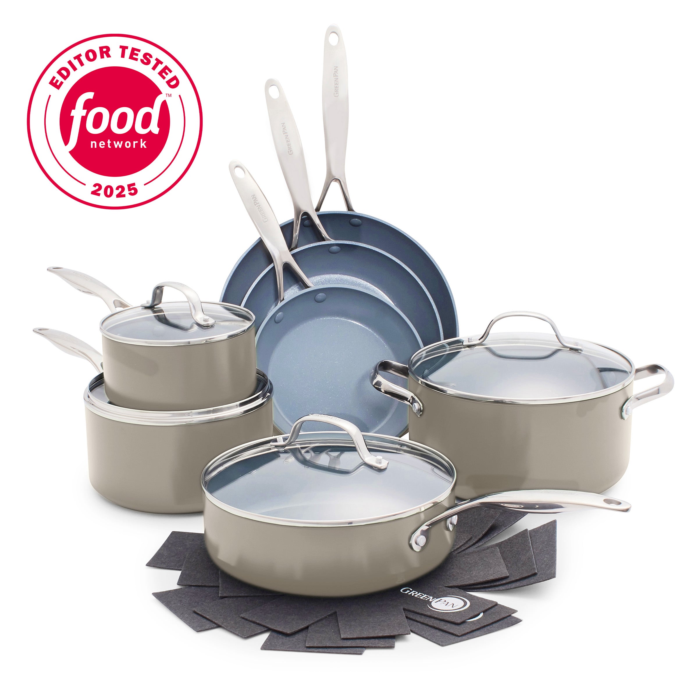 11-piece taupe ceramic cookware set with glass lids and pans, Editor Tested 2025 badge visible.