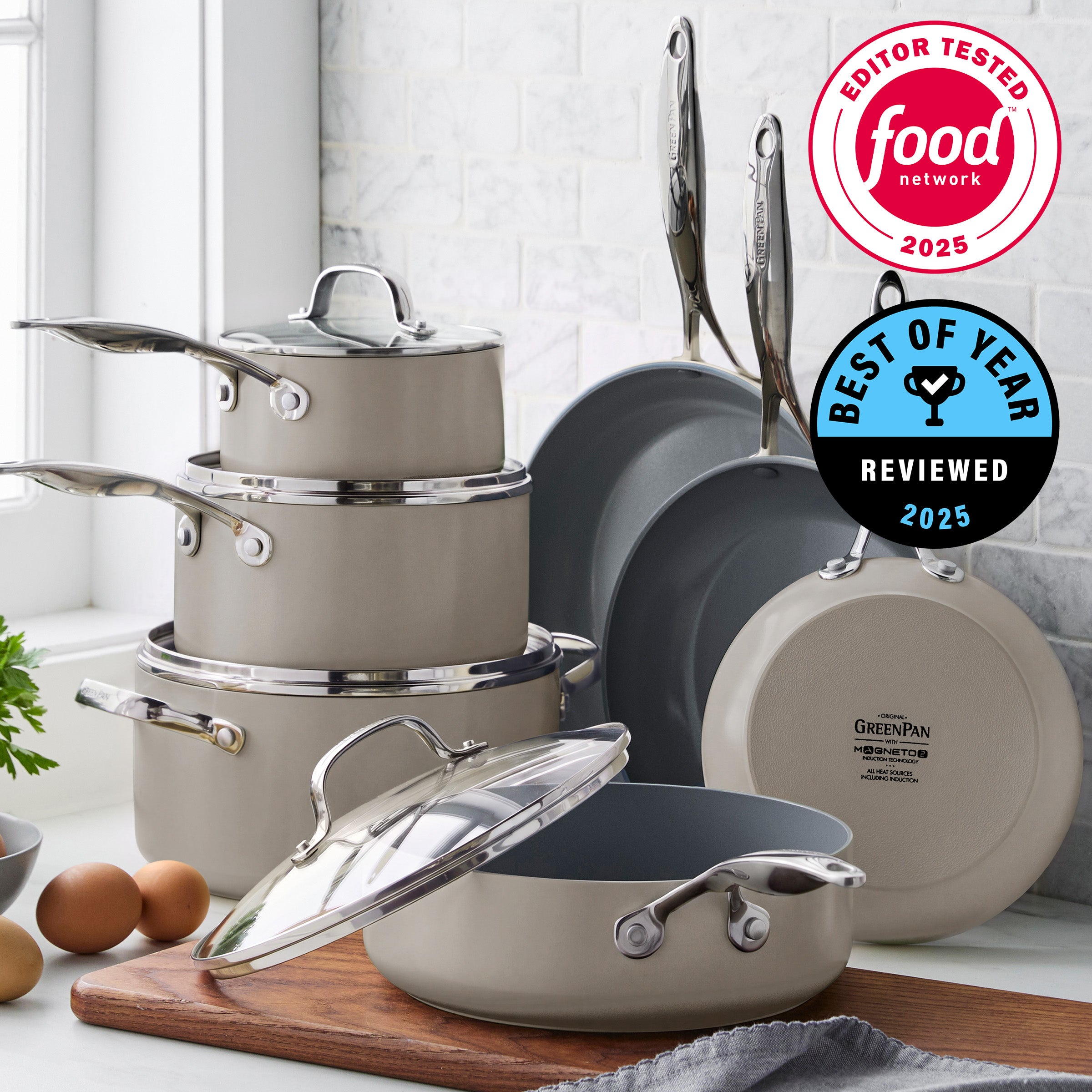 11-piece taupe ceramic nonstick cookware set with lids, includes pots and pans, scratch resistant finish.