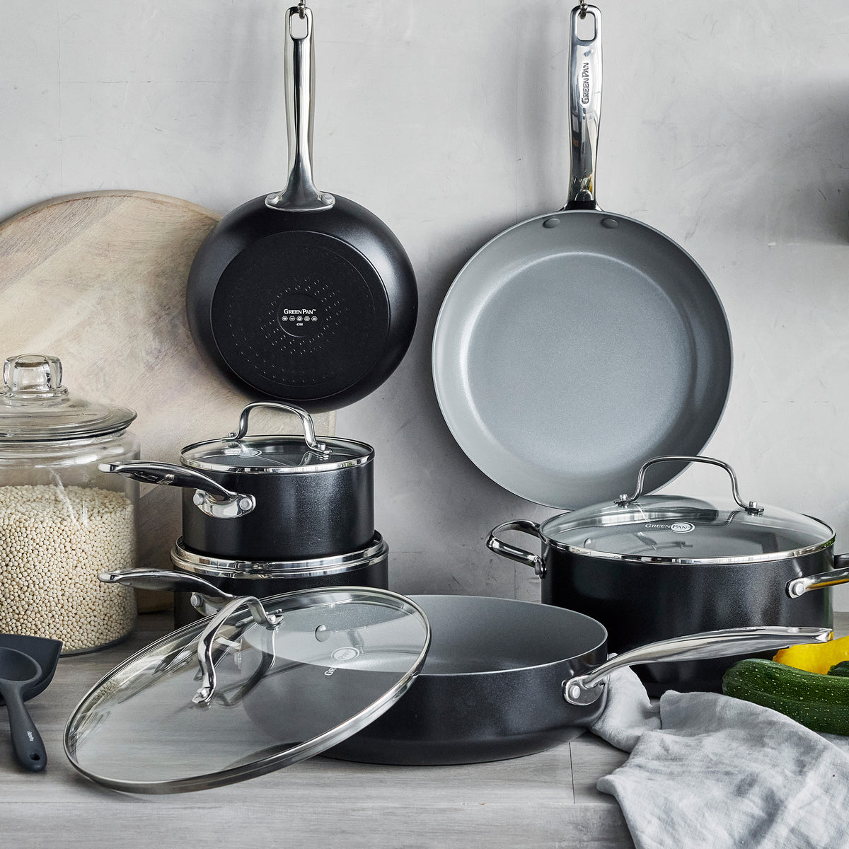 Chatham Pro 12-piece hard anodized ceramic nonstick cookware set in black, including pots and pans with lids.