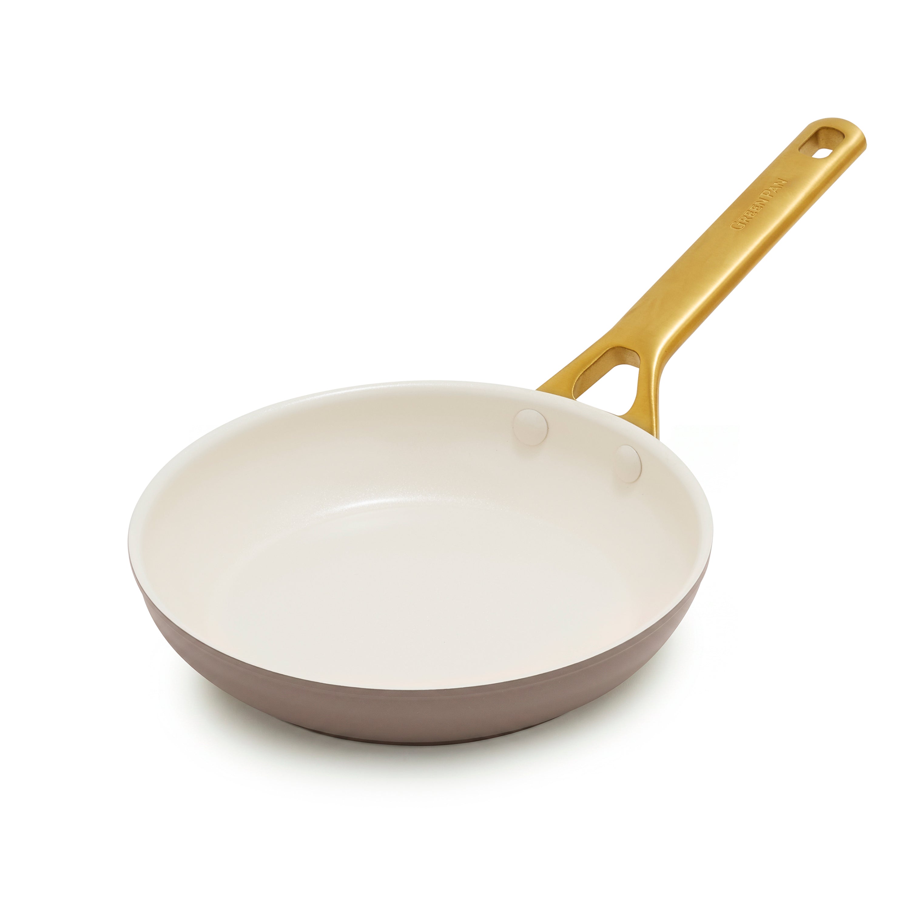 Latte-colored 8-inch ceramic frypan with a cream interior and gold handle, displayed on a white background.