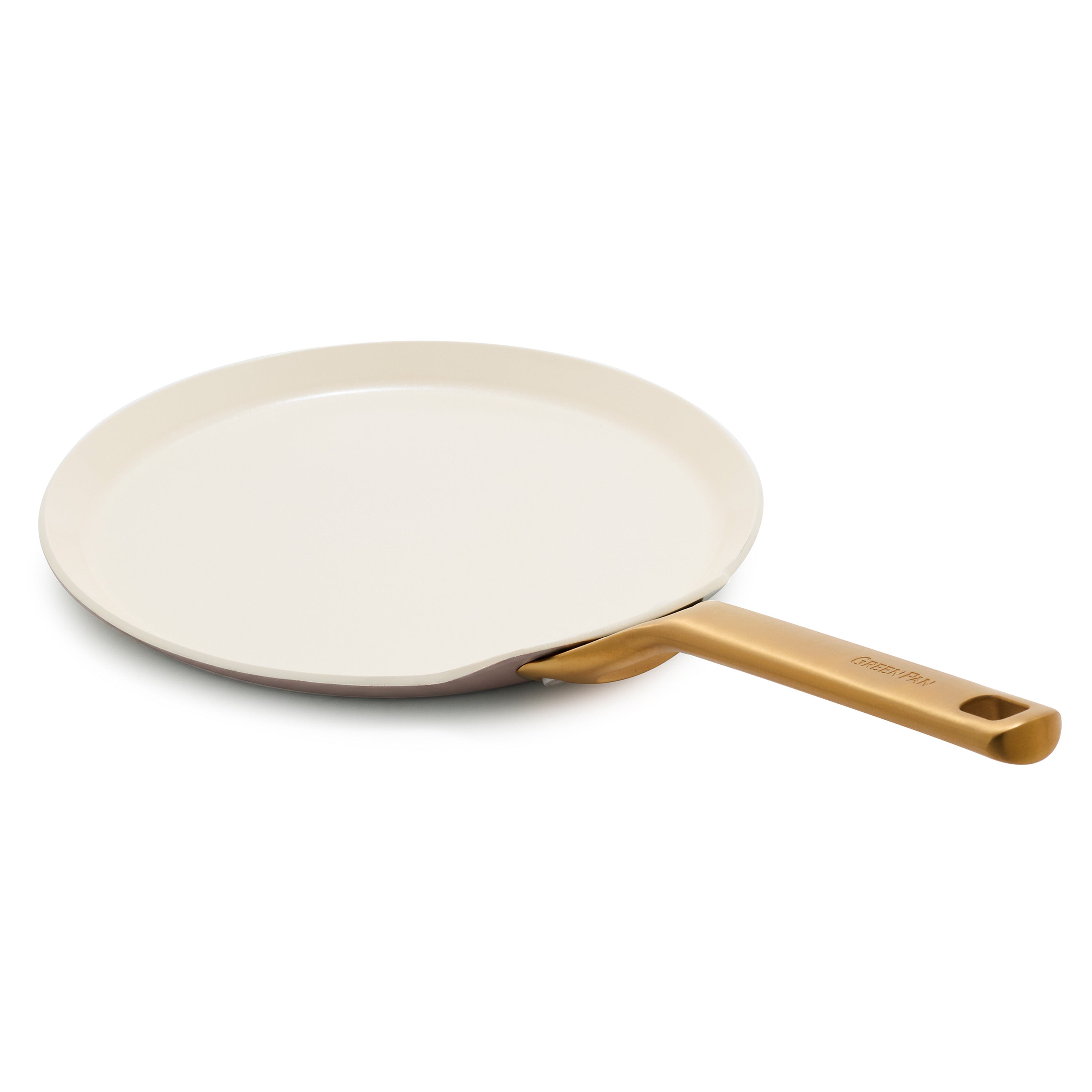 Latte-colored ceramic 10-inch crepe pan with a wide, flat base and gold handle.
