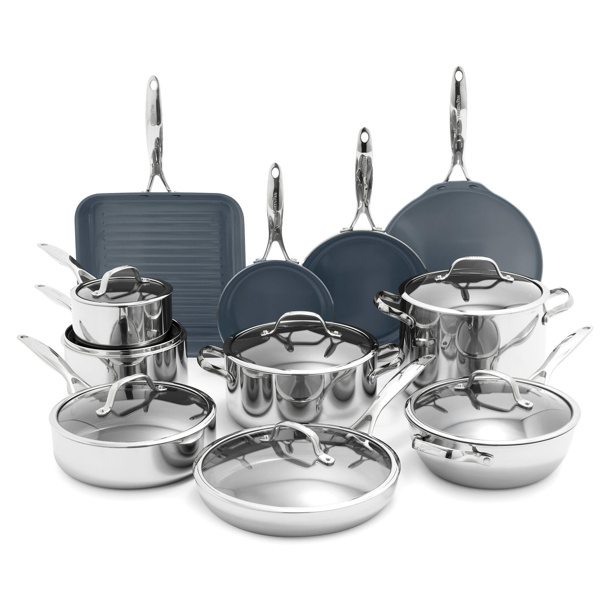 Valencia Pro 18-piece stainless steel cookware set with ceramic nonstick interiors and glass lids.