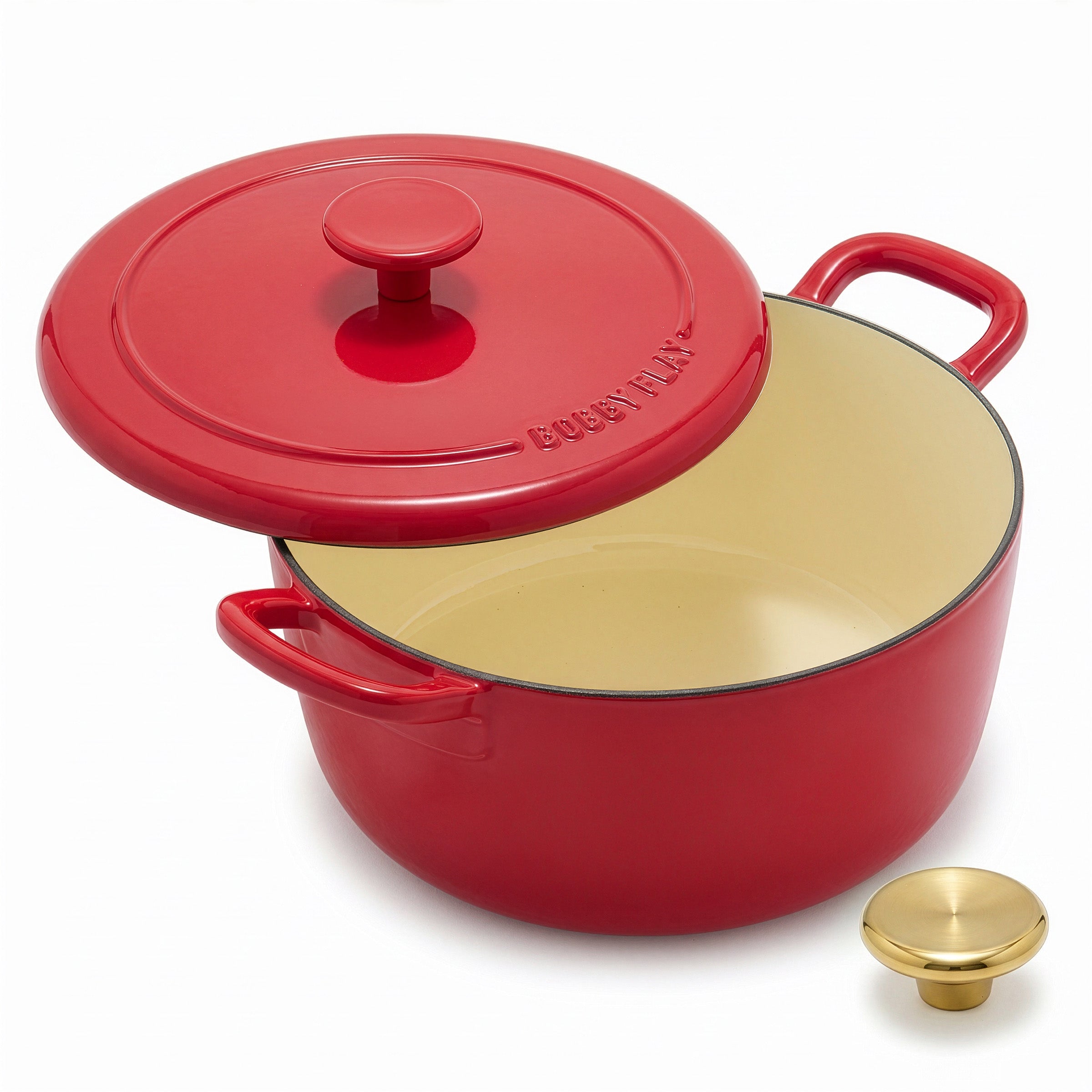Red Dutch oven set with lid, likely ceramic or enameled, 5.5-quart size, includes two pieces.