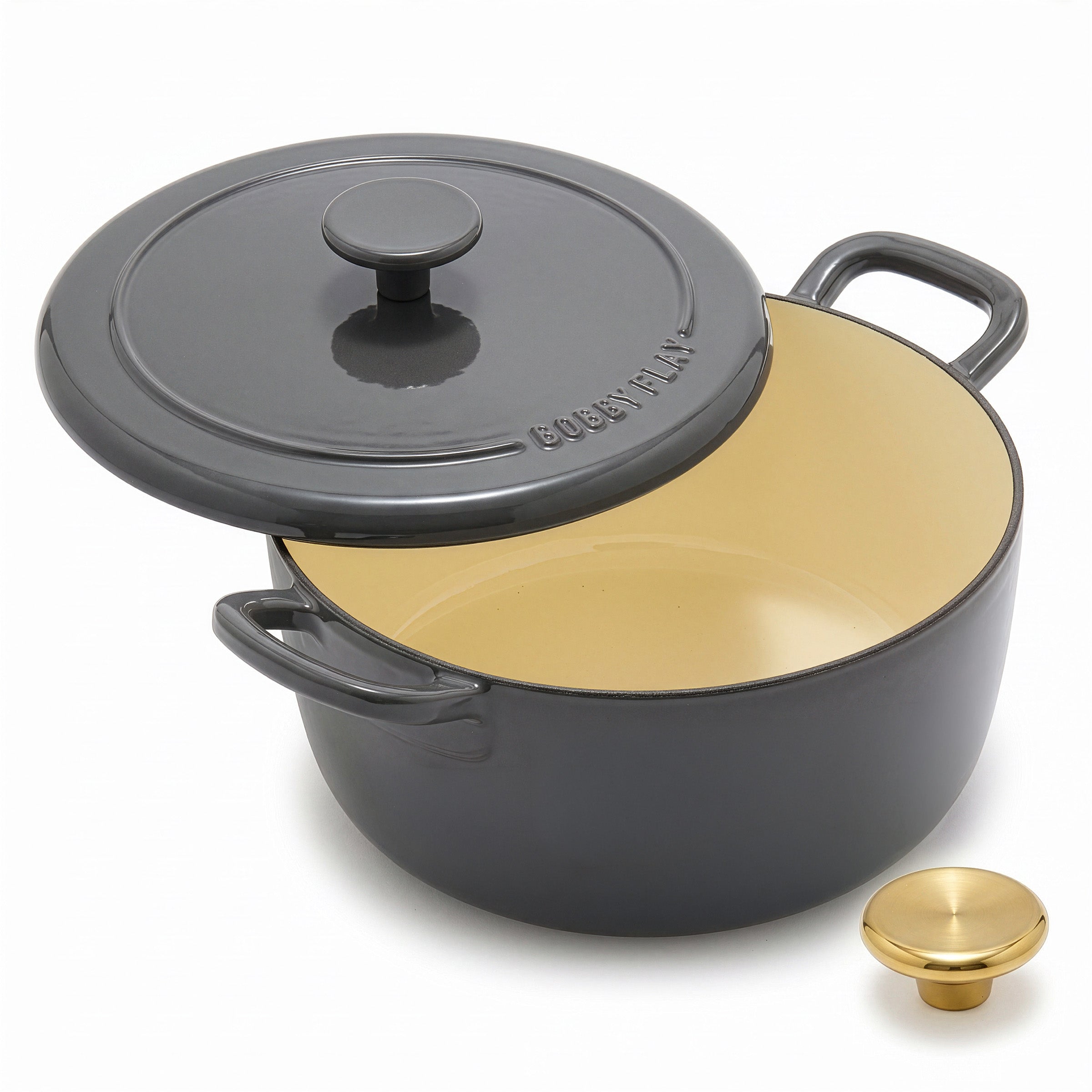 Slate Dutch oven with cream interior and gold knob, shown with matching lid; 5.5-quart capacity set.
