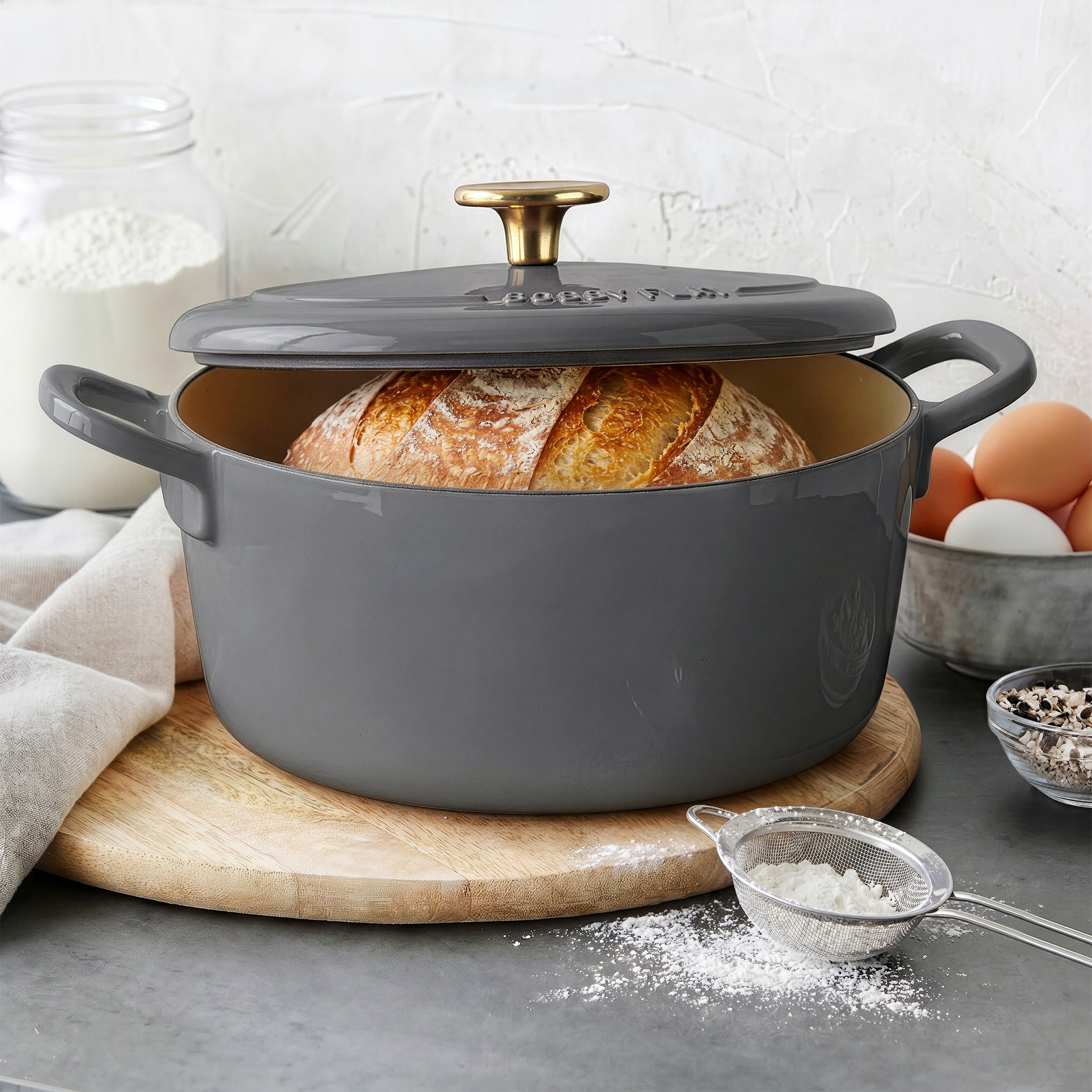 GreenPan Slate Dutch oven set in gray, ceramic nonstick finish; includes pot with lid and matching baking dish.