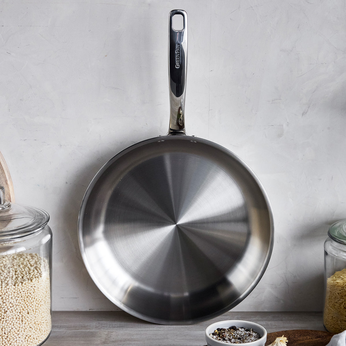 12-inch Chatham Pro stainless steel frypan with a long metal handle.