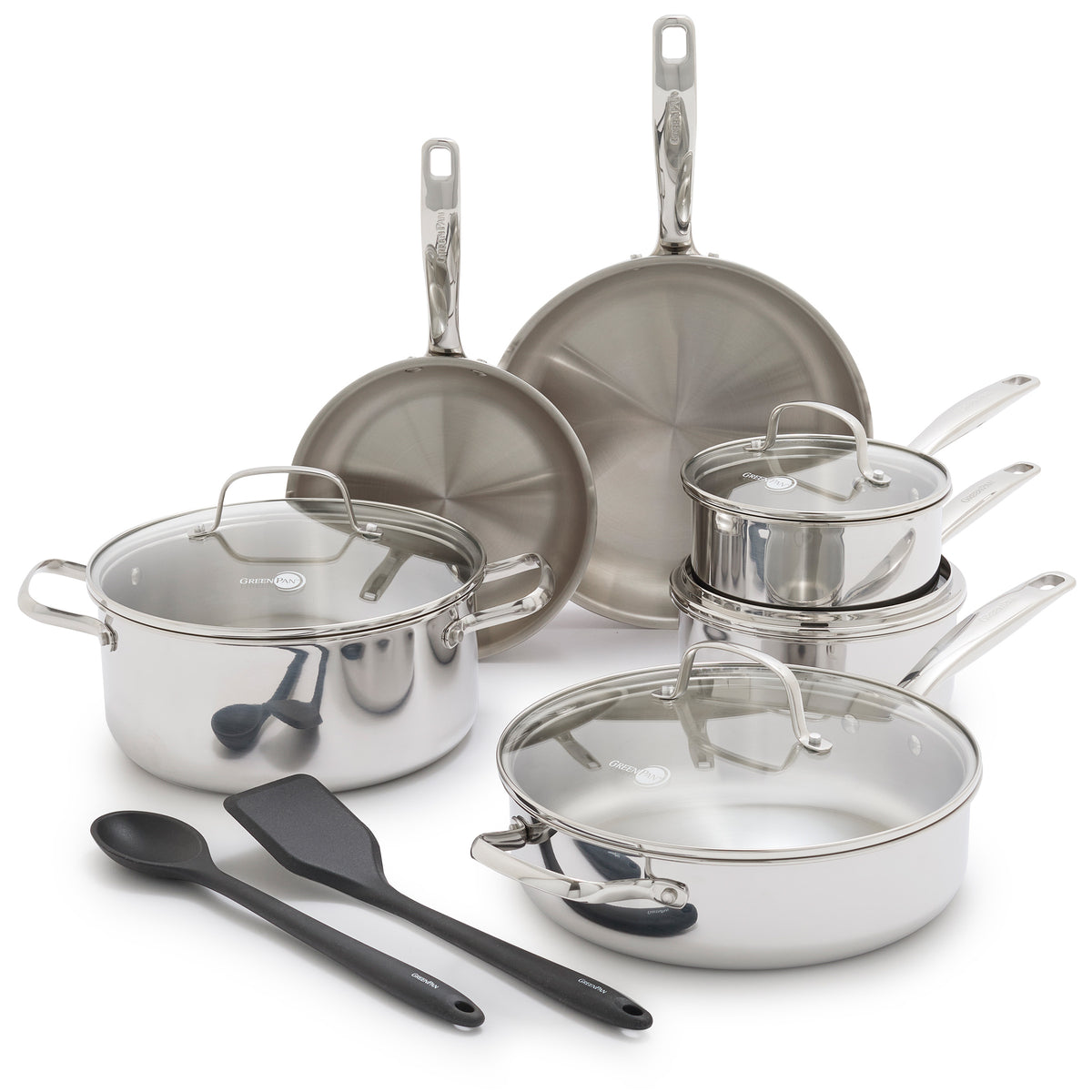 Chatham Pro 12-piece stainless steel cookware set with glass lids and two black utensils.