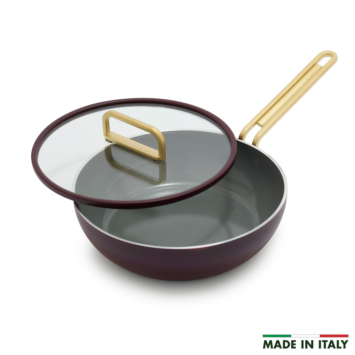 Espresso Stanley Tucci 3.25-quart ceramic nonstick Piccolo pan with gold handle and glass lid.