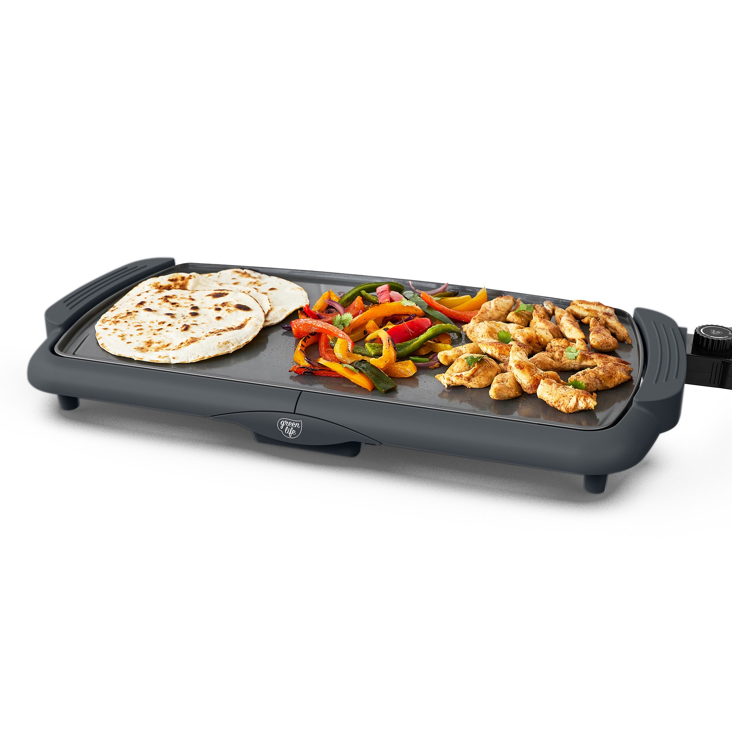 Graphite-colored XL griddle with tortillas, peppers, and chicken cooking on its large surface.