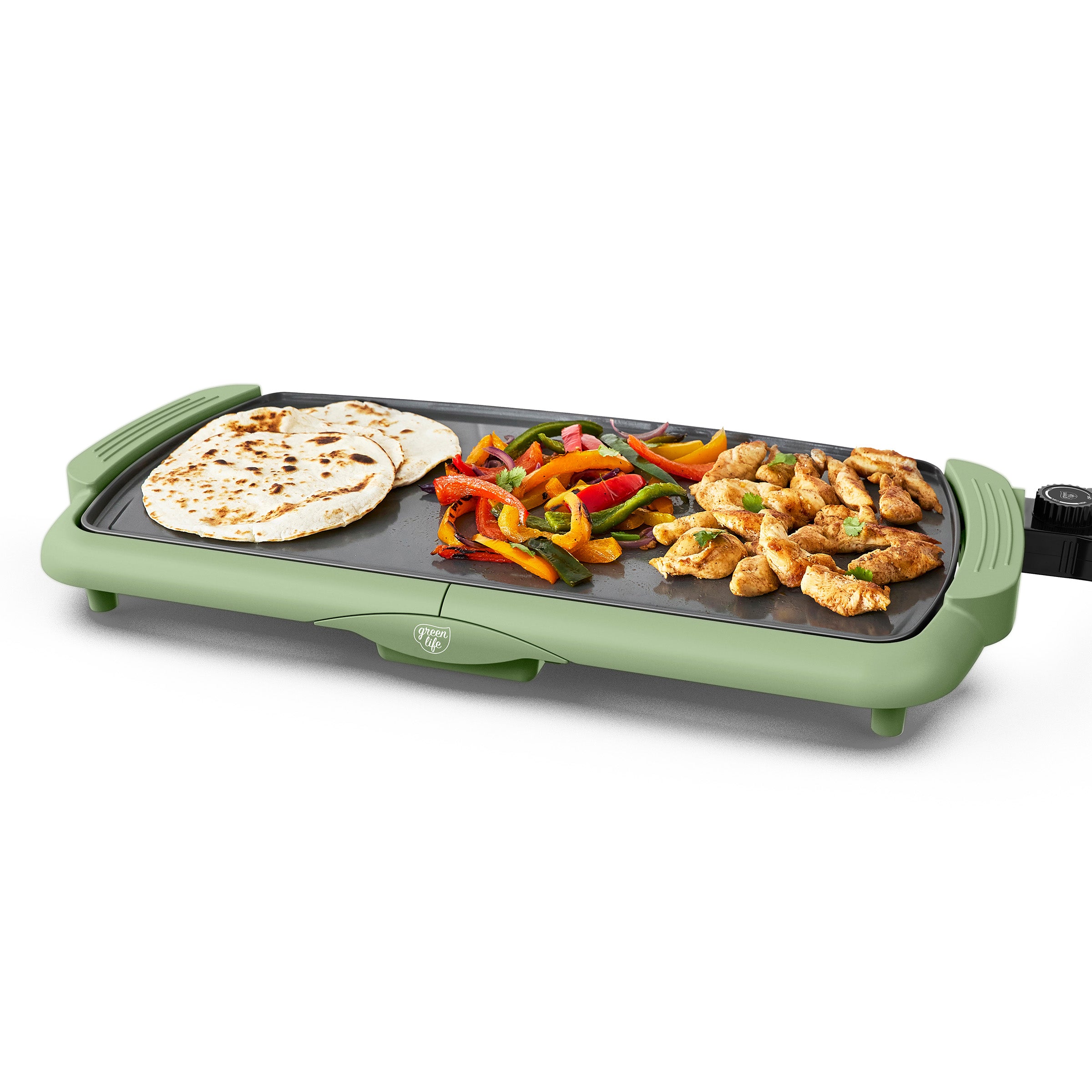 Sage uses a black GreenLife griddle to cook tortillas, sliced peppers, and chicken.