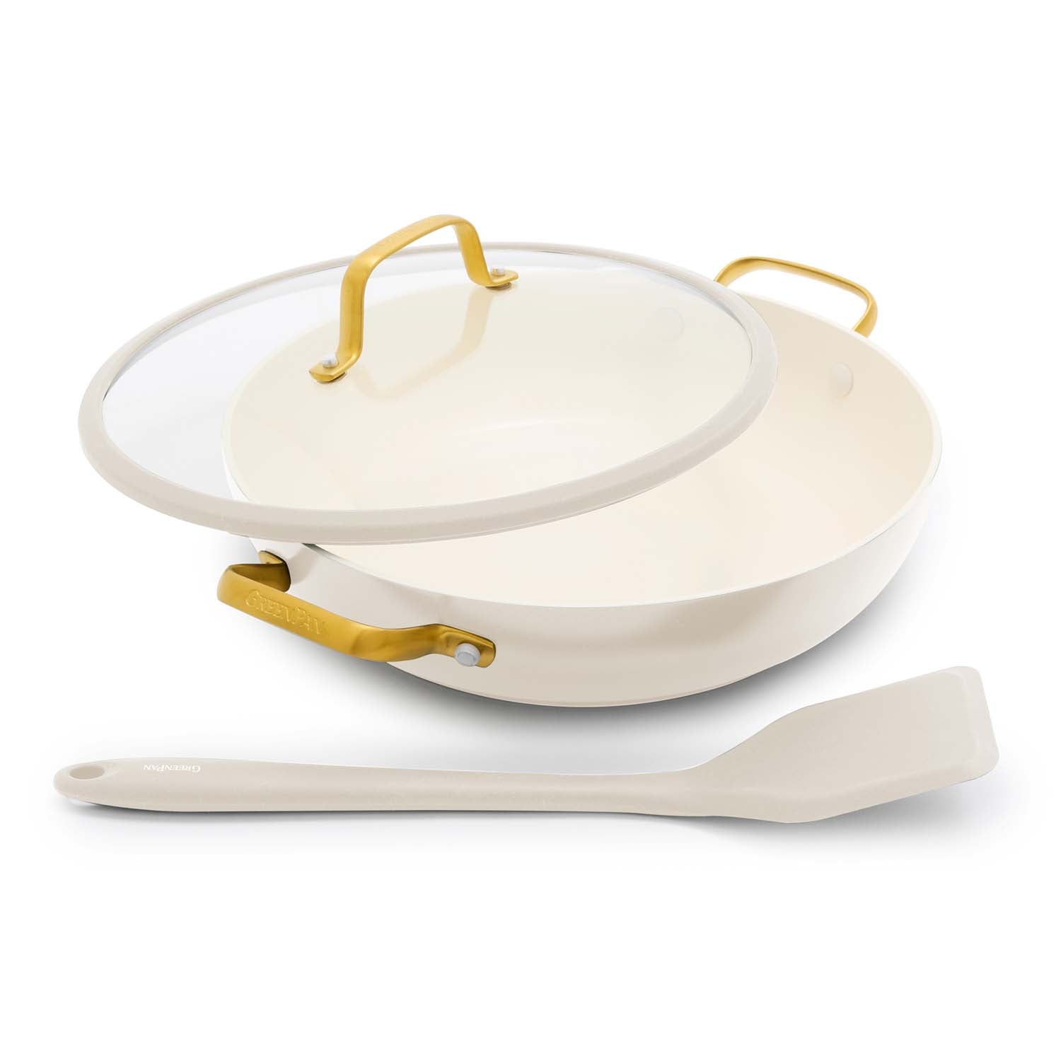 Cream ceramic nonstick 3.75-quart everyday pan with matching lid.