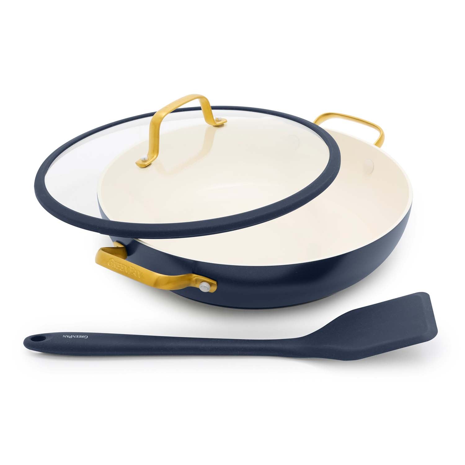 Ceramic nonstick everyday pan with lid, 3.75-quart, in twilight blue.