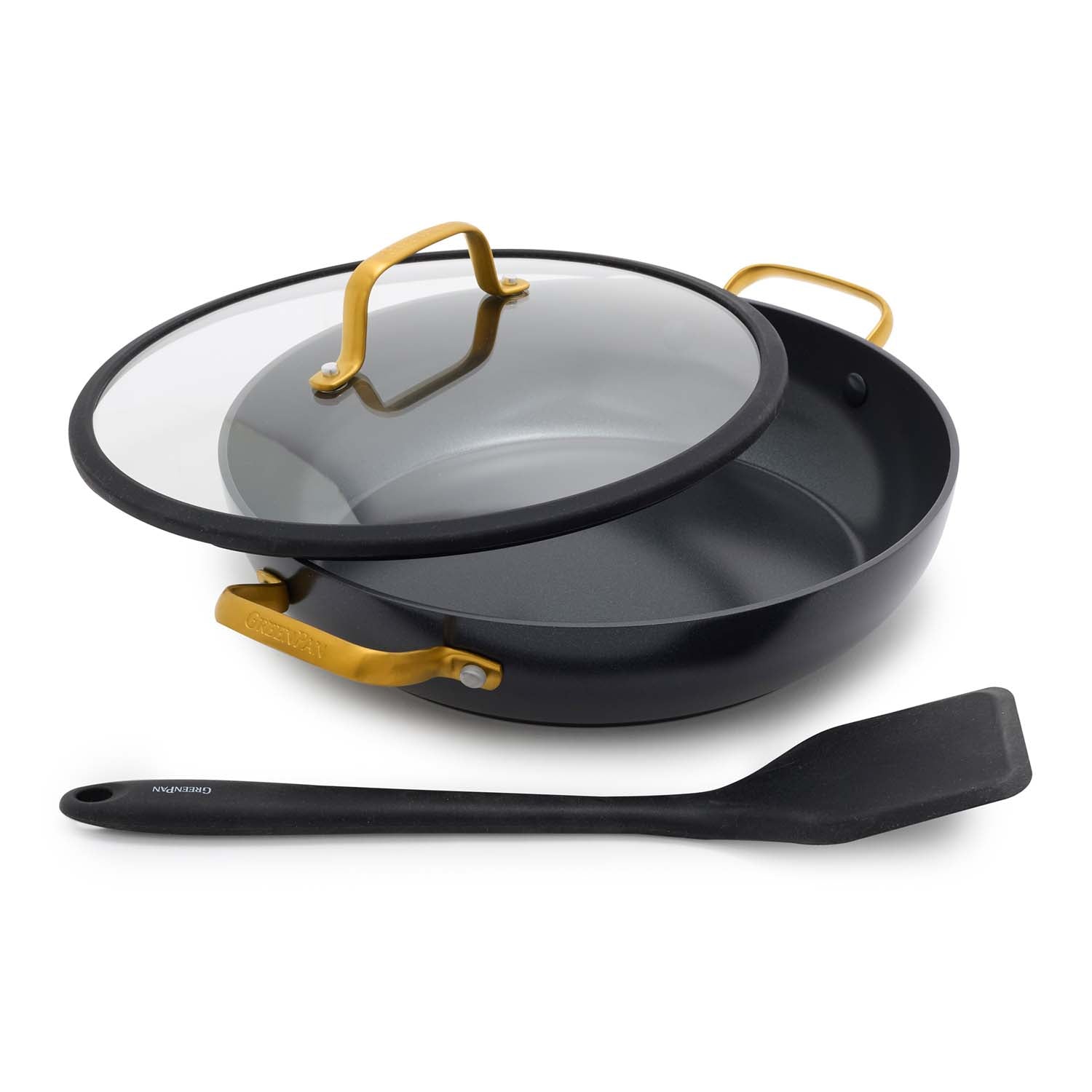 Black ceramic everyday pan with gold handles, glass lid, and included spatula shown together.